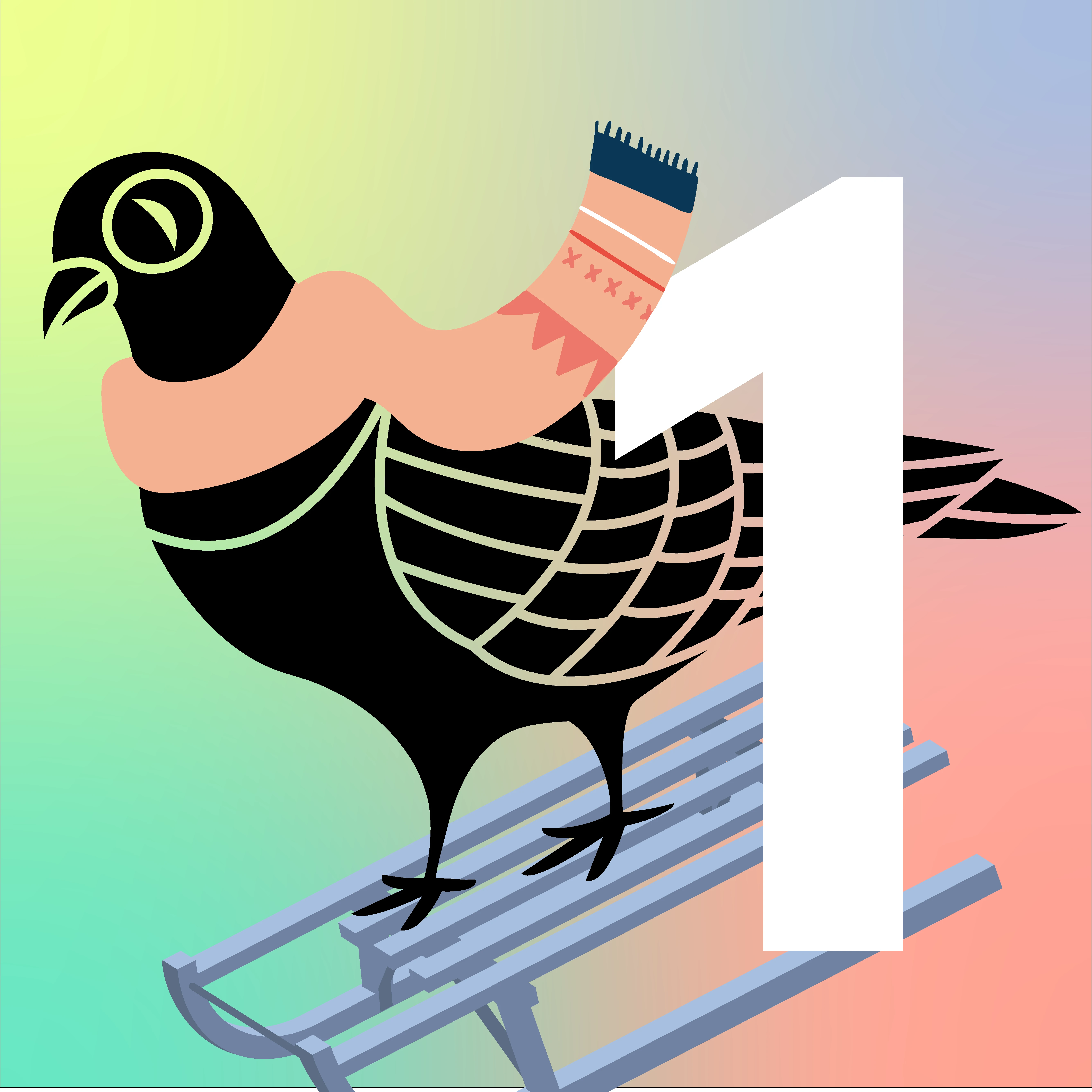 Illustration: Taube mit Schal auf Schlitten neben der Zahl 1. Pastellfarben.