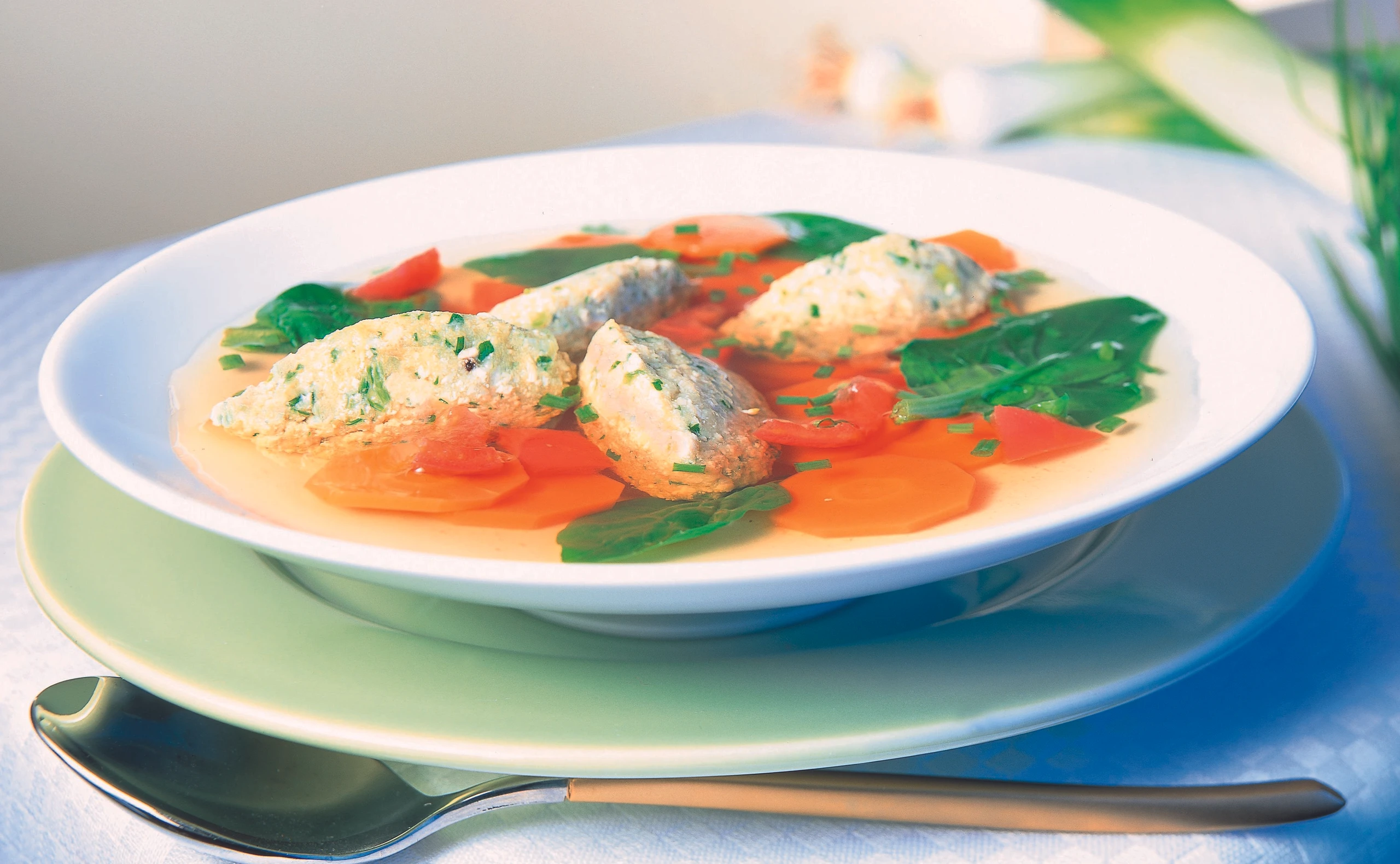 Gemüsesuppe mit Tofu-Kräuter-Nockerln