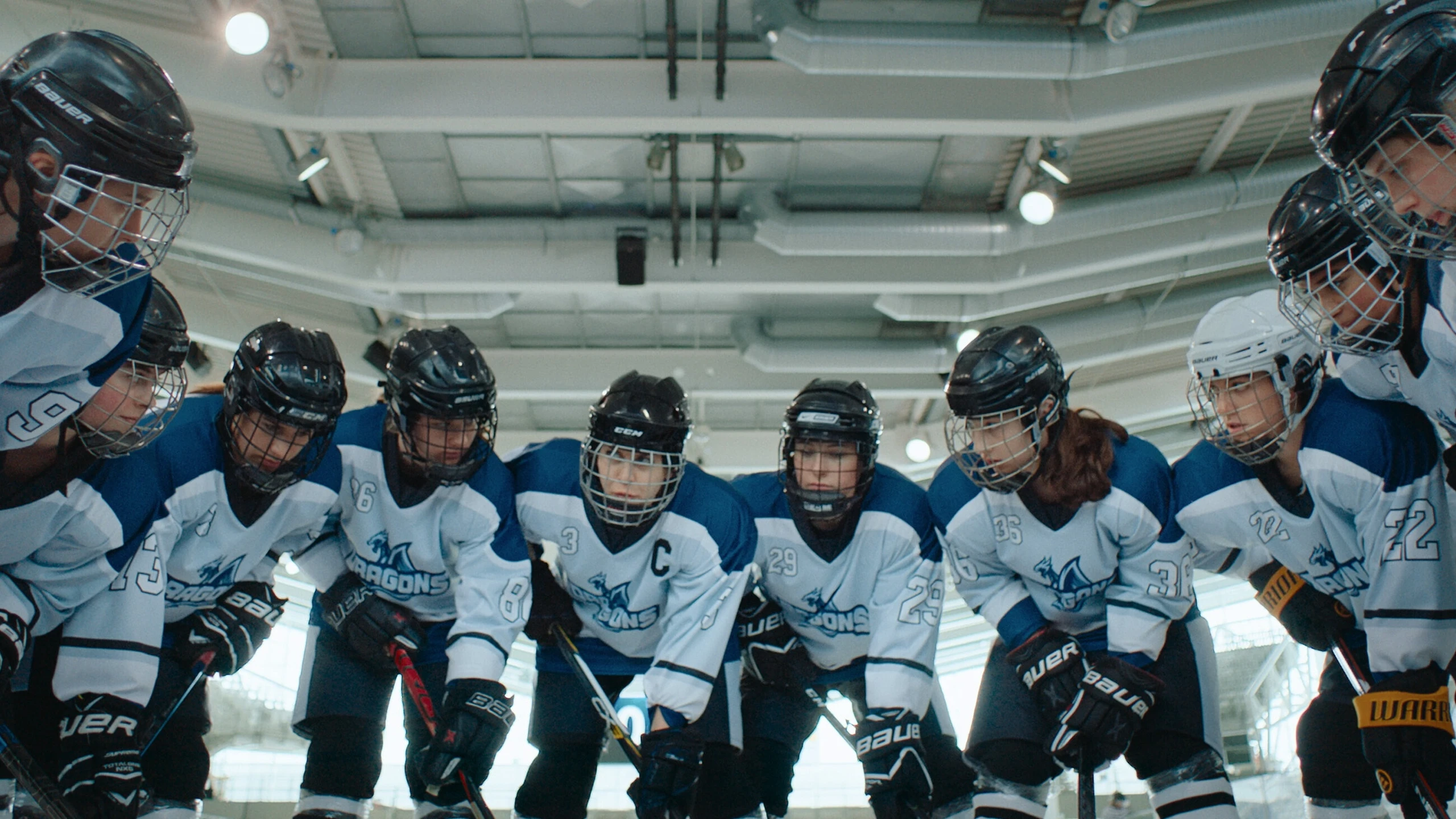 Ein Fraueneishockeyteam steht im Kreis am Eis