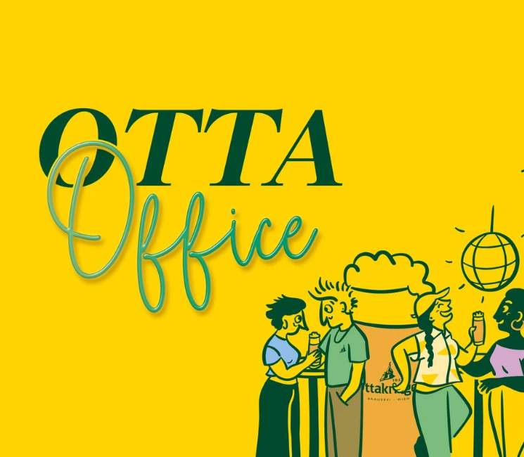 OTTA Office Illustration mit Ottakringer, Personen und Getränken auf gelbem Hintergrund