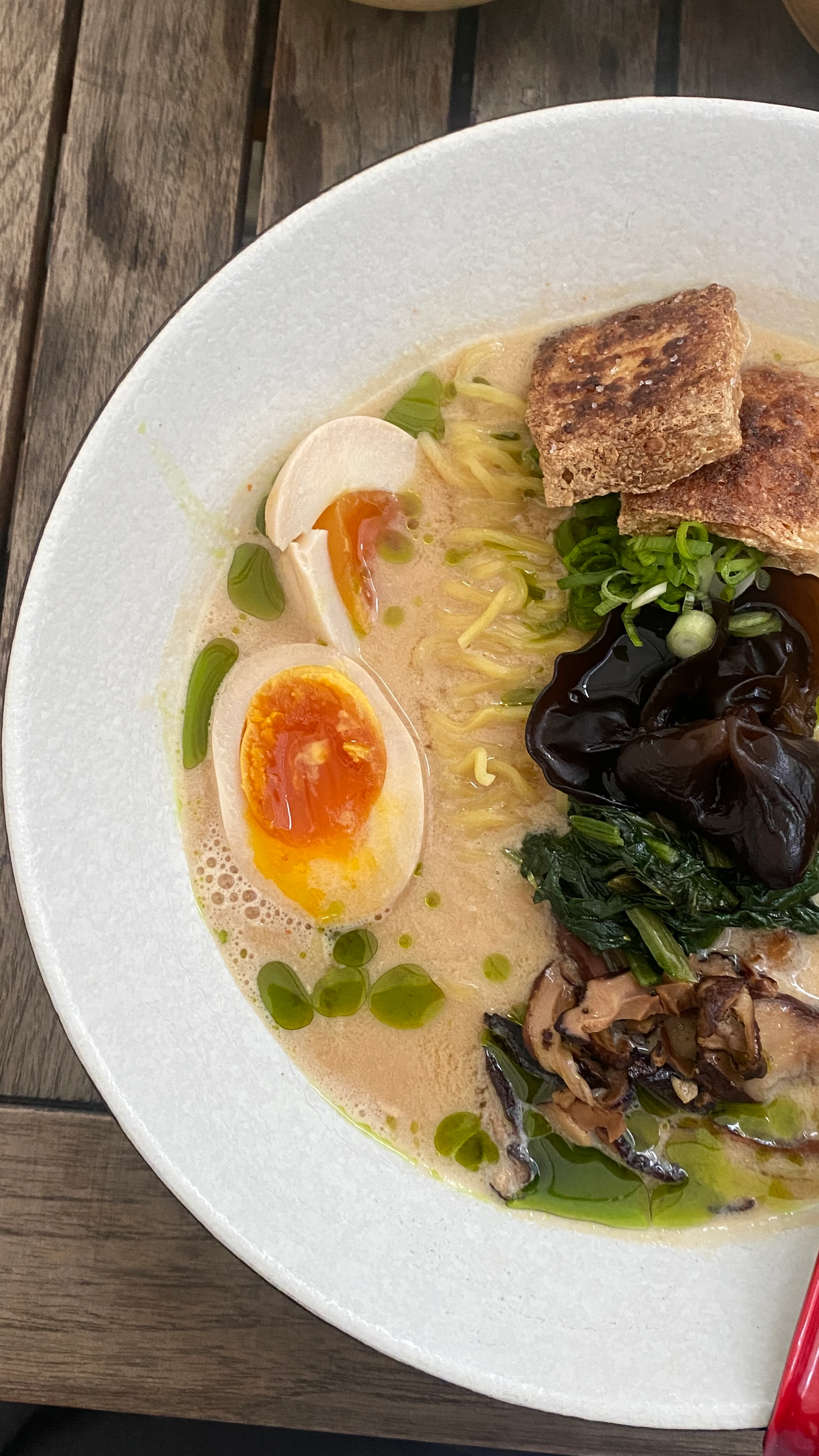 Close-up of a bowl of delicious Ramen soup with egg, mushrooms, and tofu.