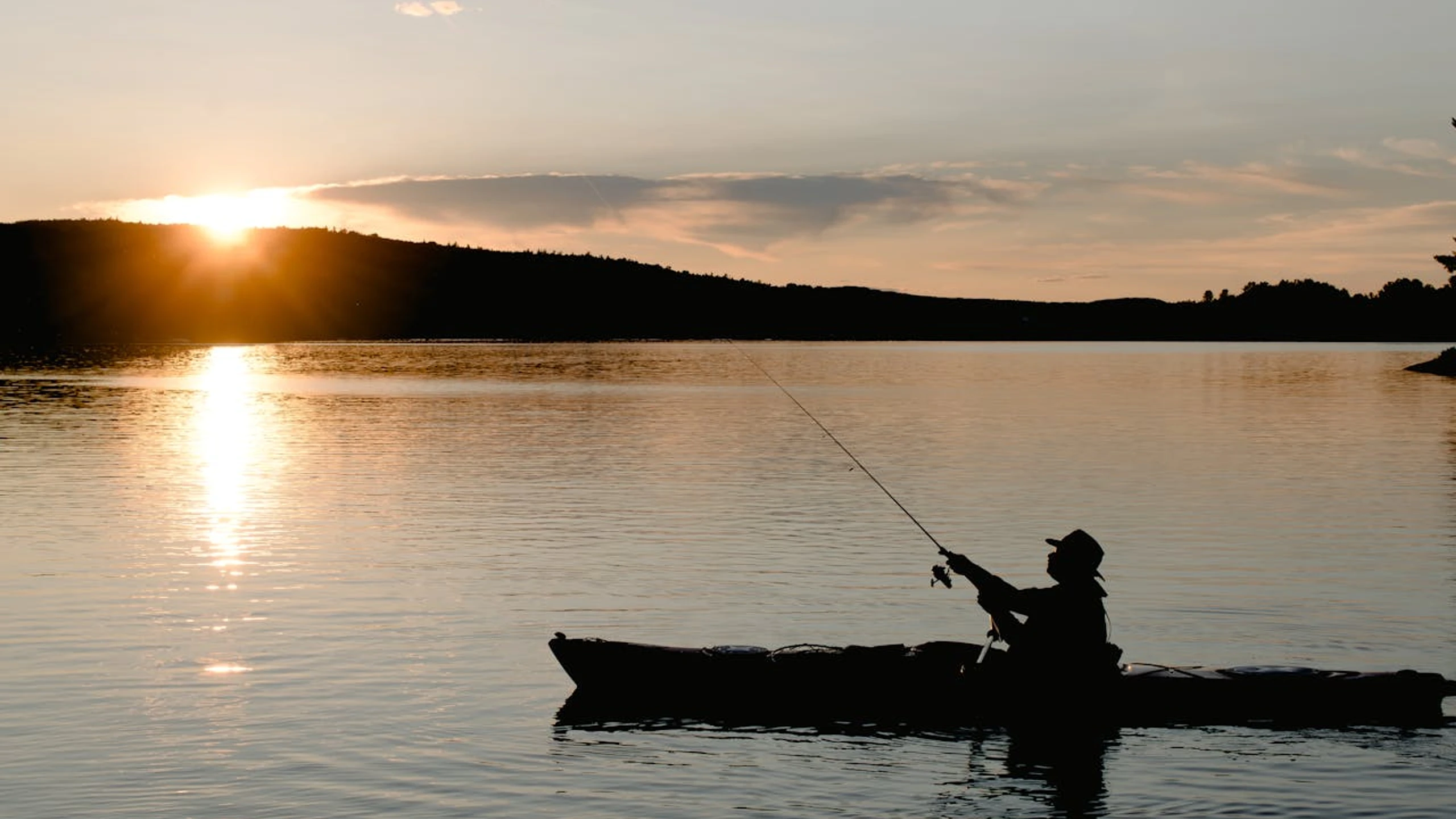 Silhouette eines Anglers in einem Kanu bei Sonnenuntergang auf einem See: Der Hobbyfischer wirft die Rute aus, im Hintergrund spiegelt sich die Sonne auf dem Wasser mit bewaldeten Hügeln. Symbol für entspannte Freizeitangeln – wie es bald mit der EU-App RecFishing einfacher gemeldet wird.