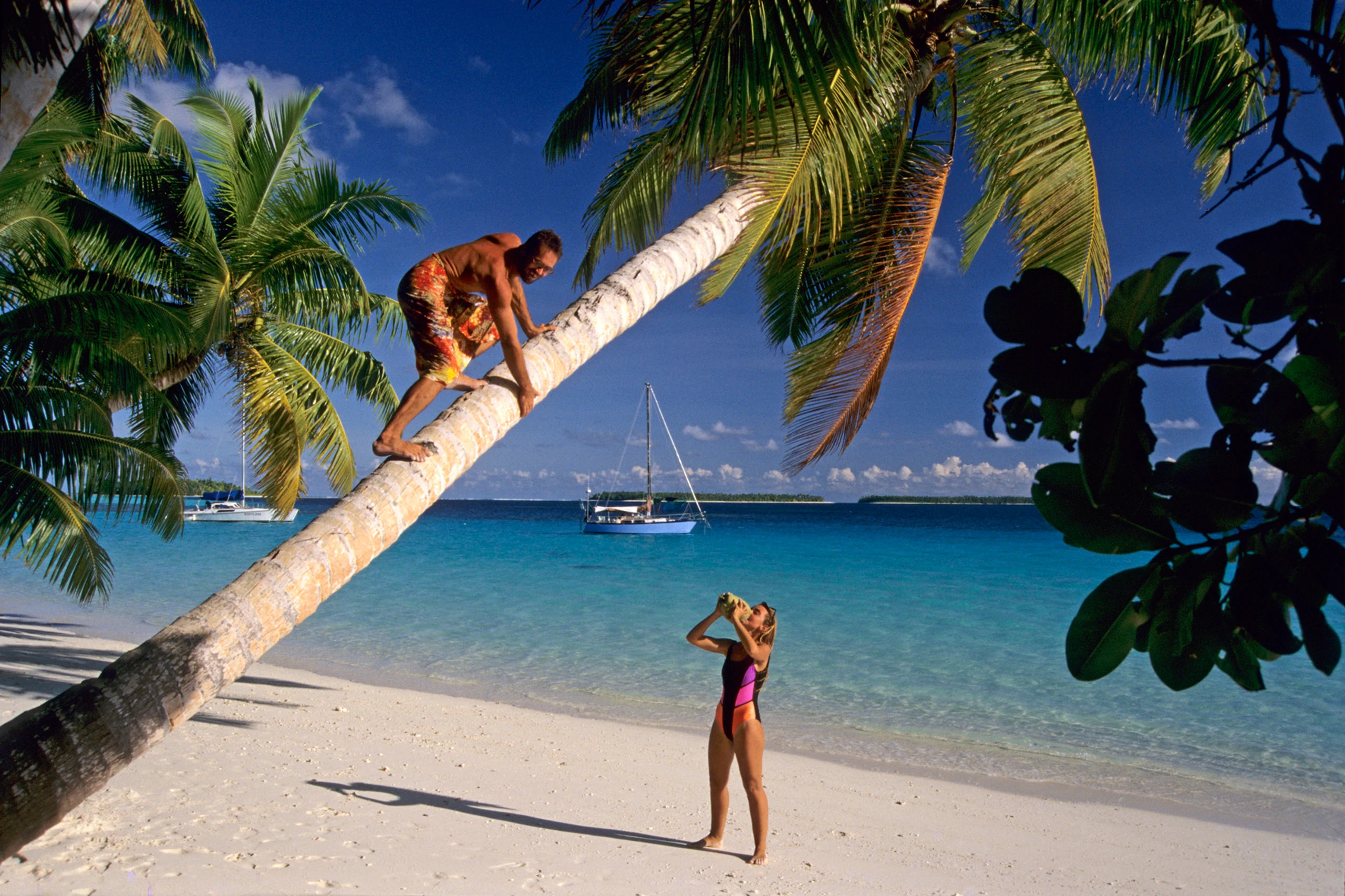 Die Seenomaden, ein Mann klettert auf schräg über einen weißen Sandstrand ragender Kokospalme, während eine Frau darunter eine Kokosnuss trinkt; im Hintergrund türkisblaues Meer mit ankerndem Segelboot und Palmen.