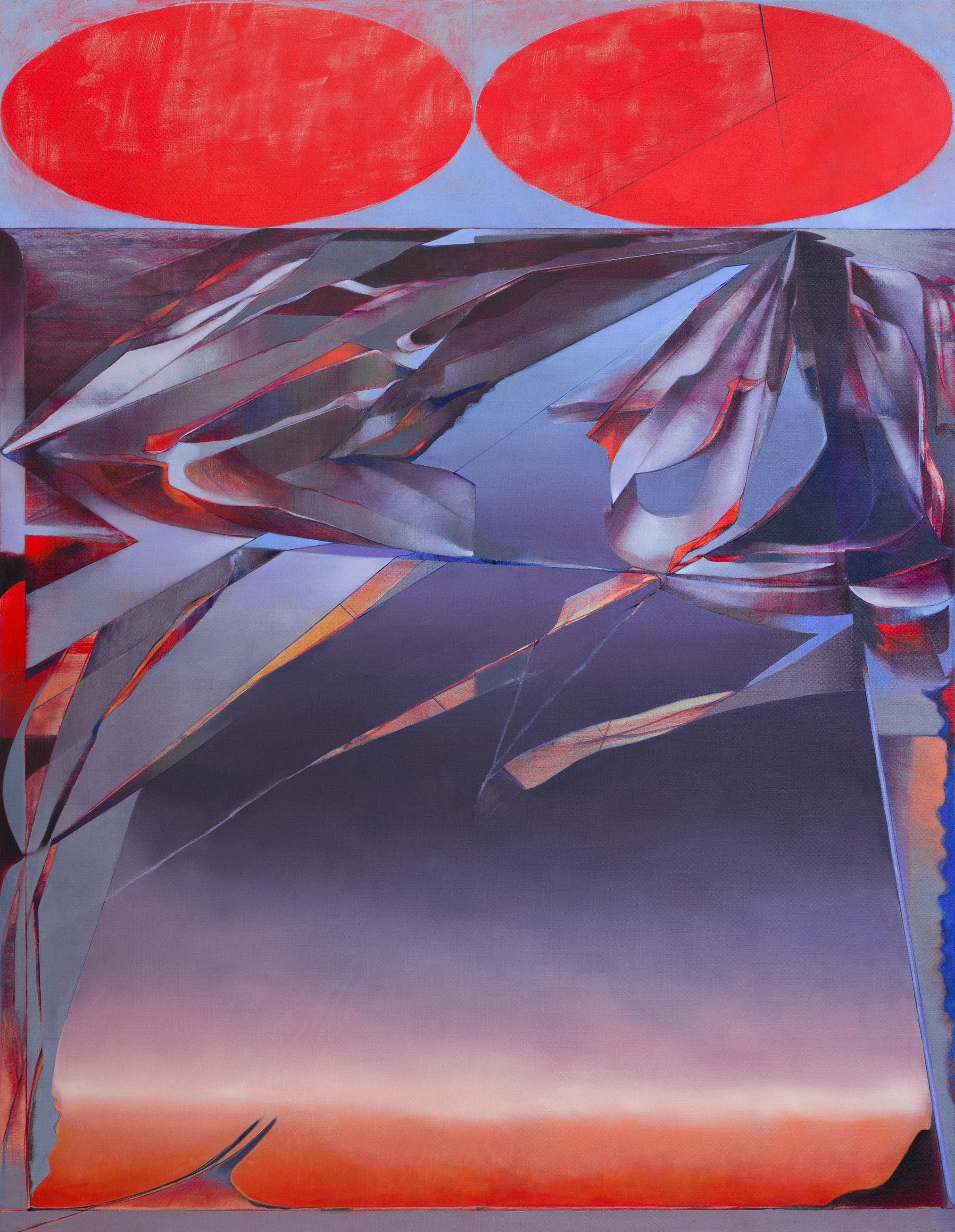 Abstraktes Gemälde mit roten Kreisen und geometrischen Formen