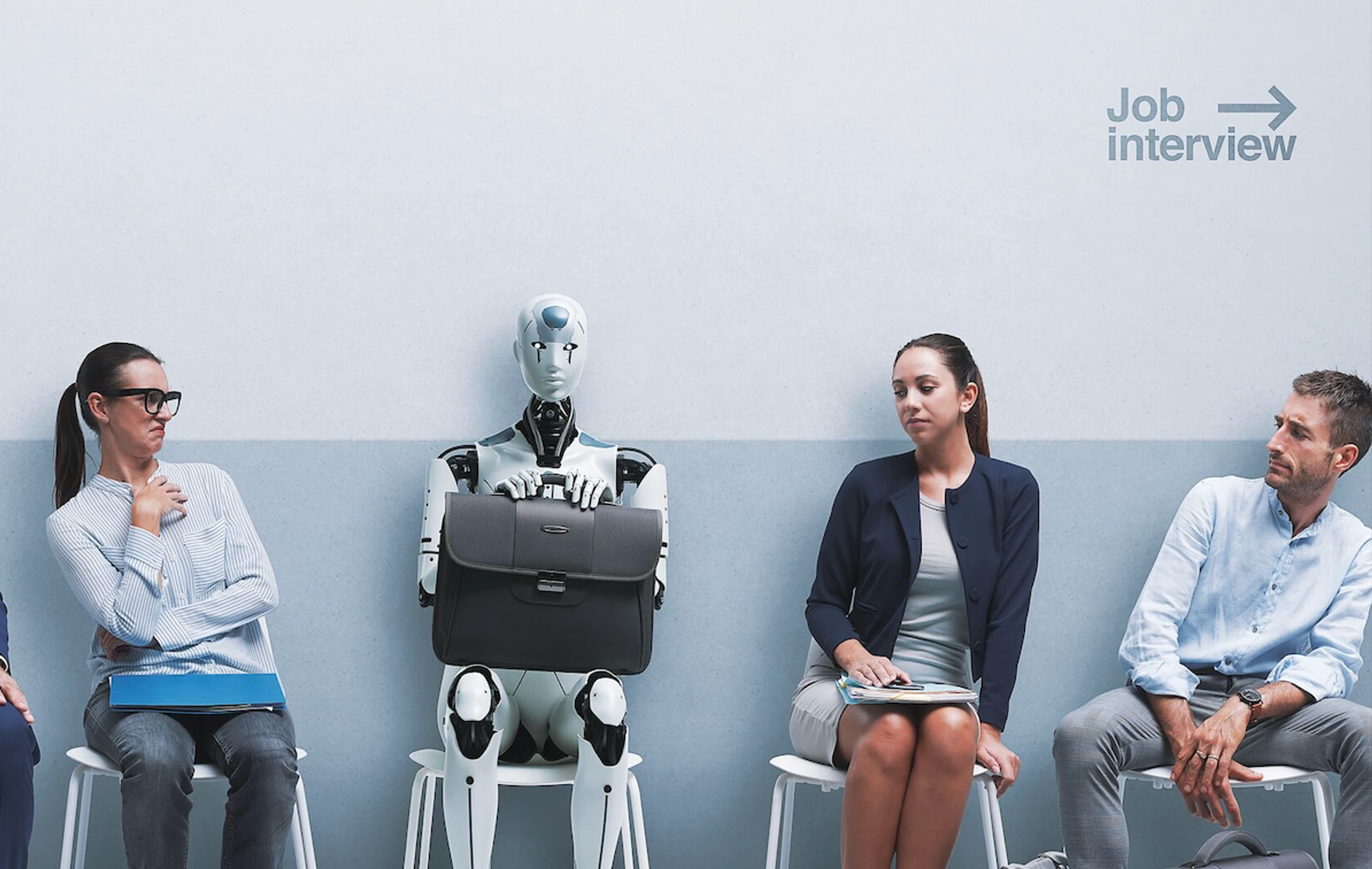 Personen warten in einem Zimmer auf ihr Bewerbungsgespräch. Auf einem Suhl sitzt ein Roboter als Sinnbild für KI.