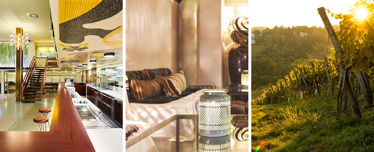 Collage: Moderne Bar, gemütliches Interieur & Weinberg bei Sonnenuntergang. Erstellt mit Adobe Photoshop.