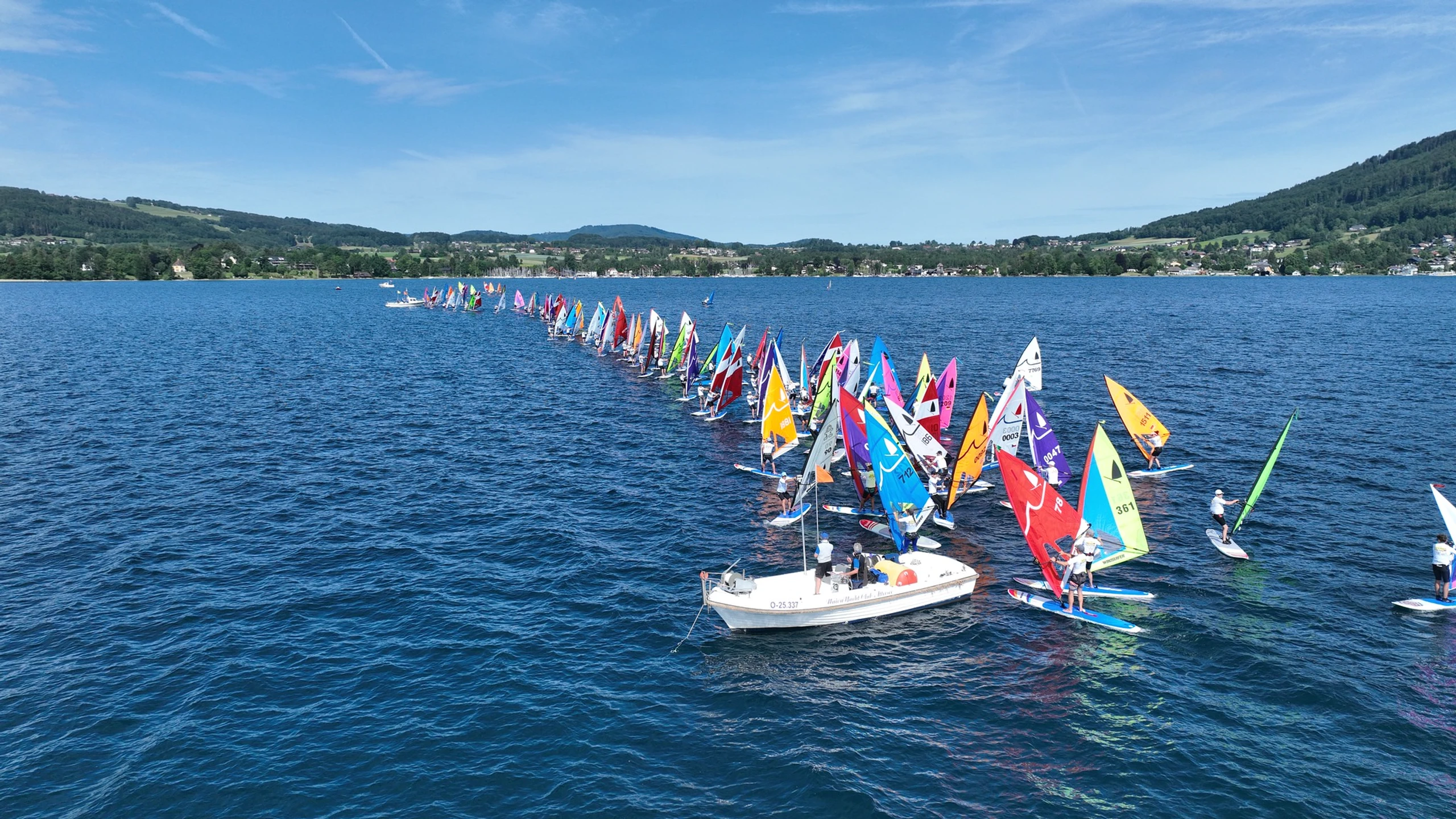 Windsurfer mit bunten Segeln auf dem Attersee bei der KIA Windsurfing LT Europameisterschaft.