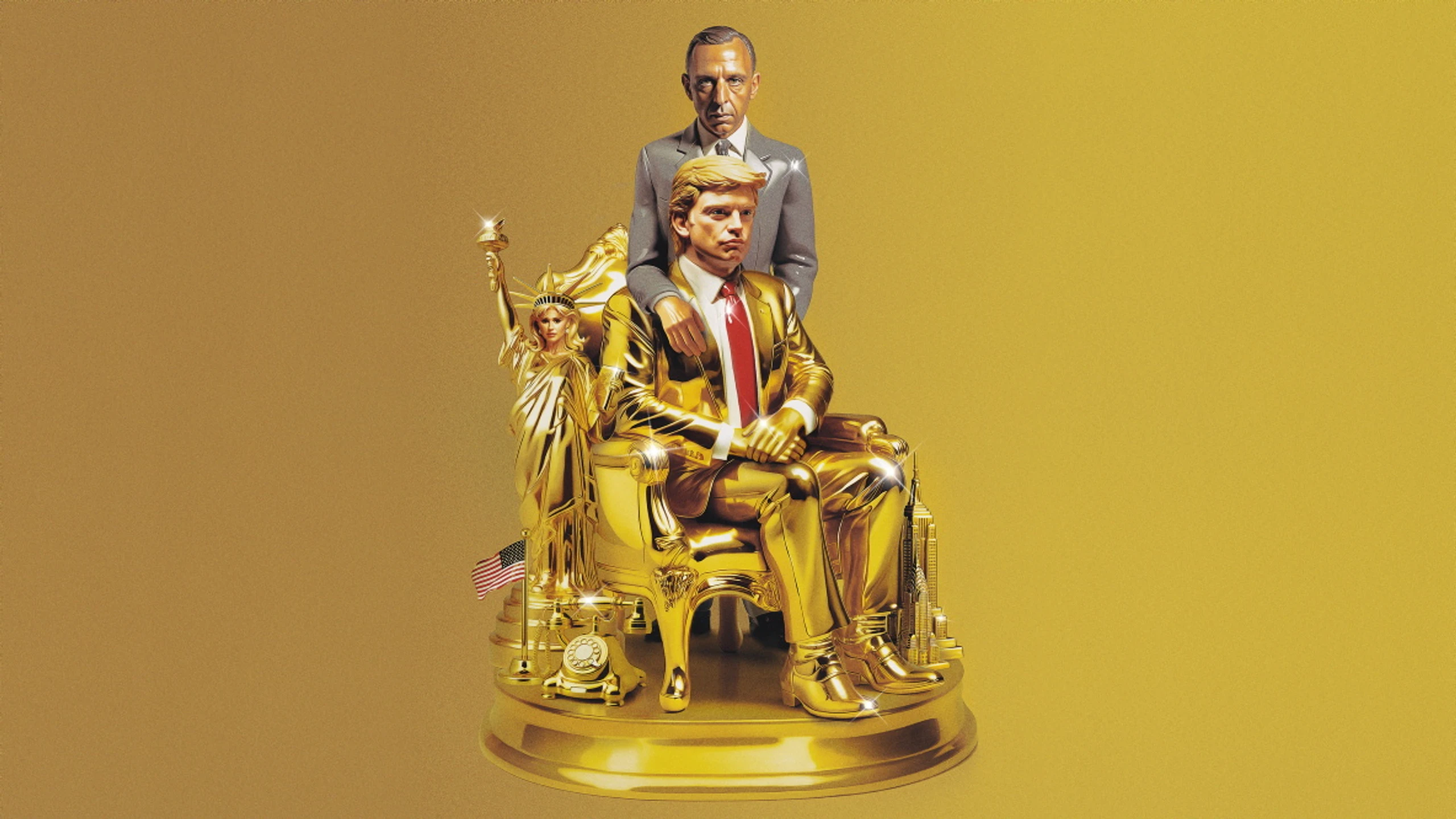 Eine vergoldete Statue von Donald Trump auf einem Sessel. Hinter ihm steht ein Mann und legt ihm den Arm auf die Schulter.