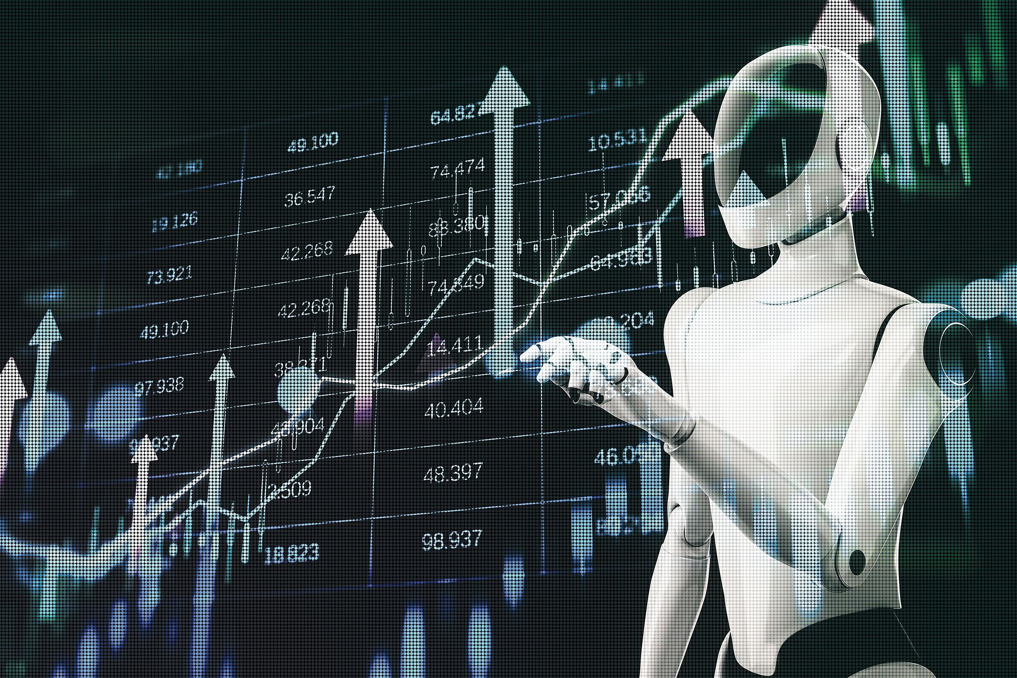 Ein Roboter, der den Aktienkurs analysiert.