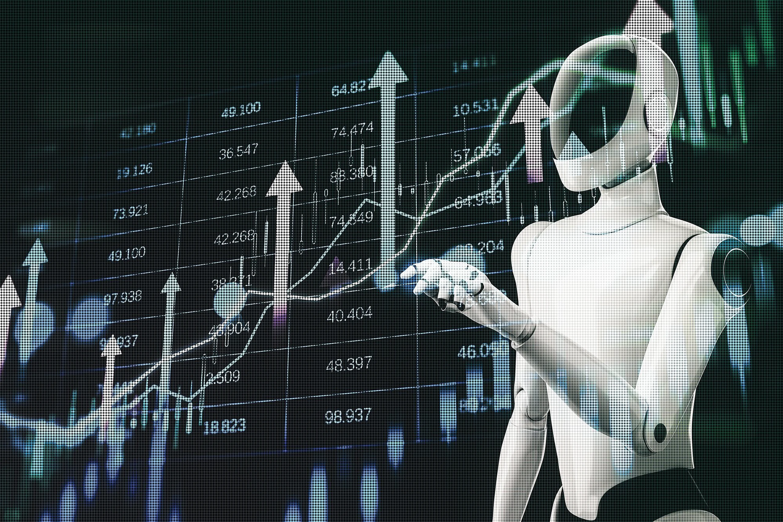 Ein Roboter, der den Aktienkurs analysiert.