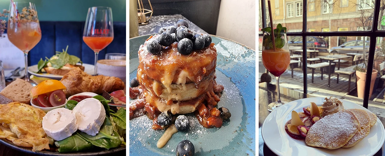 Hochwertiges Bild von drei verschiedenen, köstlichen Frühstücksvarianten:  reichhaltiges Frühstück, Pancakes mit Blaubeeren und Pancakes mit Obstkompott.