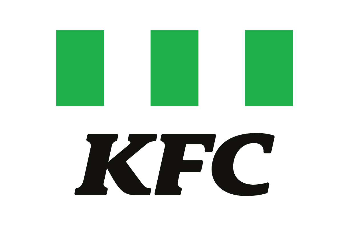 KFC-Wortmarke mit drei grünen Streifen und schwarzem Schriftzug