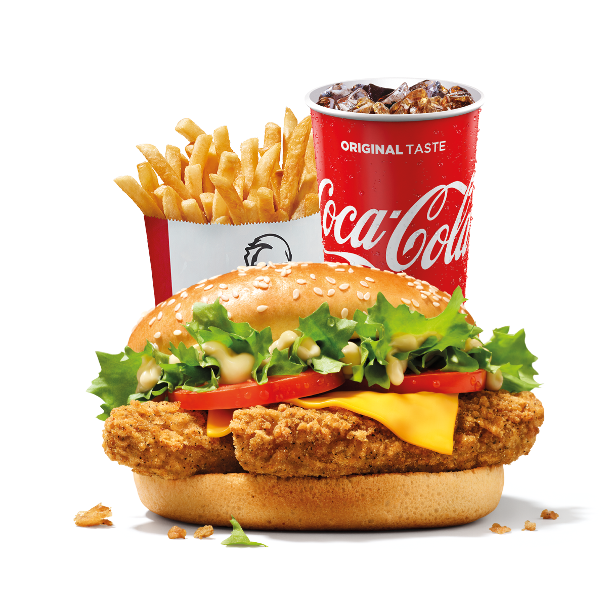 KFC Veggie Burger Menü mit Pommes und Cola freigestellt