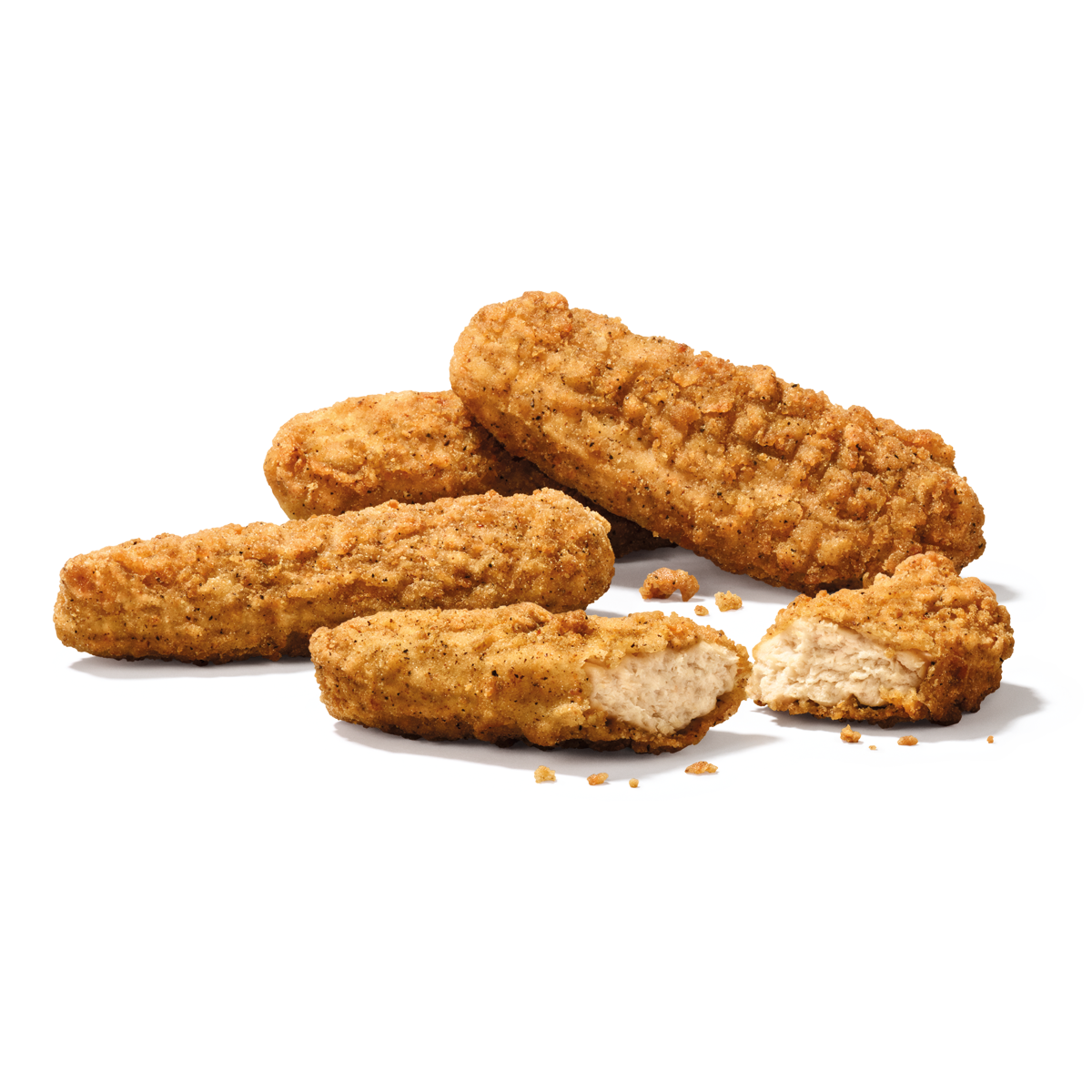 Vier KFC Veggie Strips, einer angebissen, freigestellt auf weißem Hintergrund