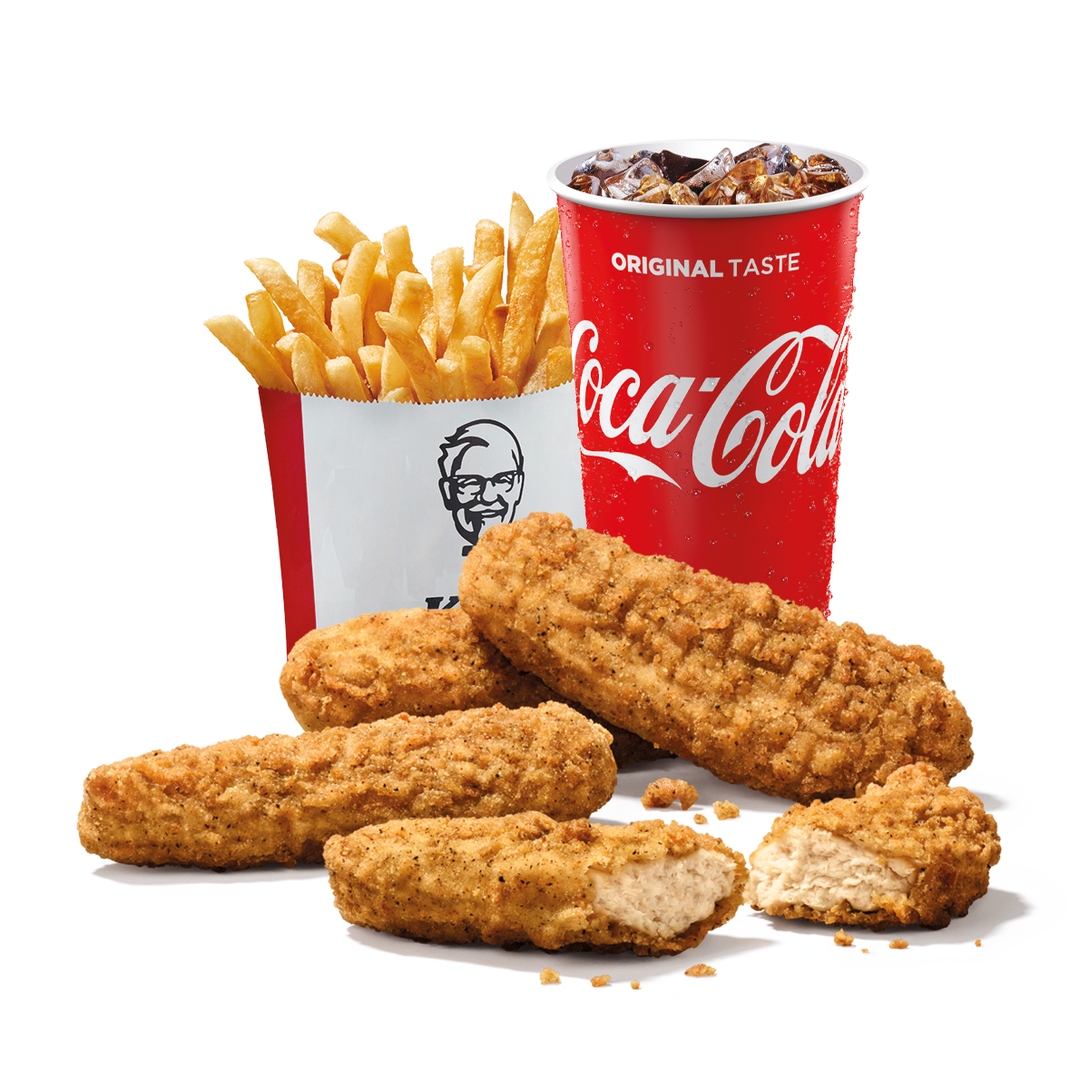 KFC Veggie Strips Menü mit Pommes und Cola freigestellt