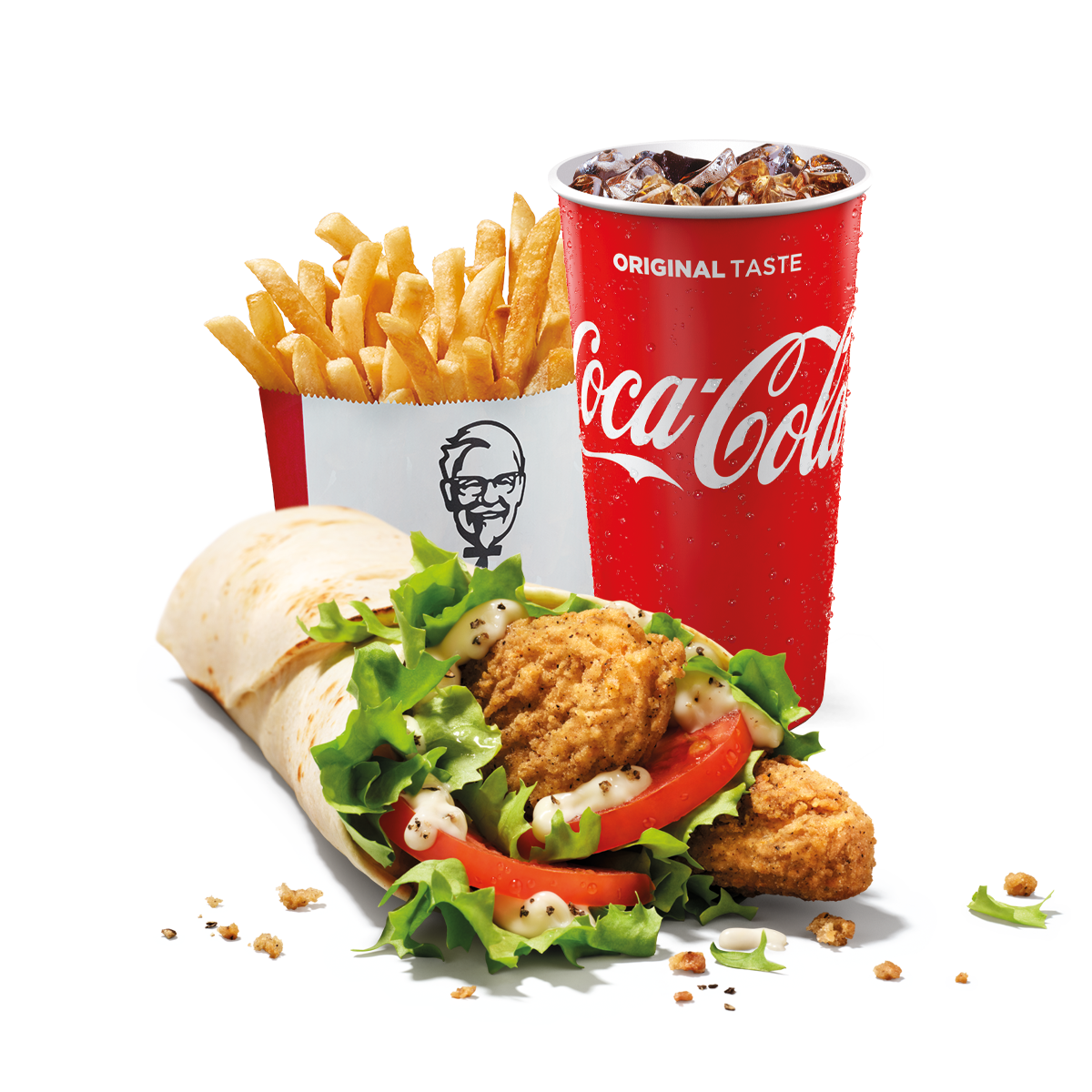 KFC Veggie Twister Wrap Menü mit Pommes und Cola freigestellt