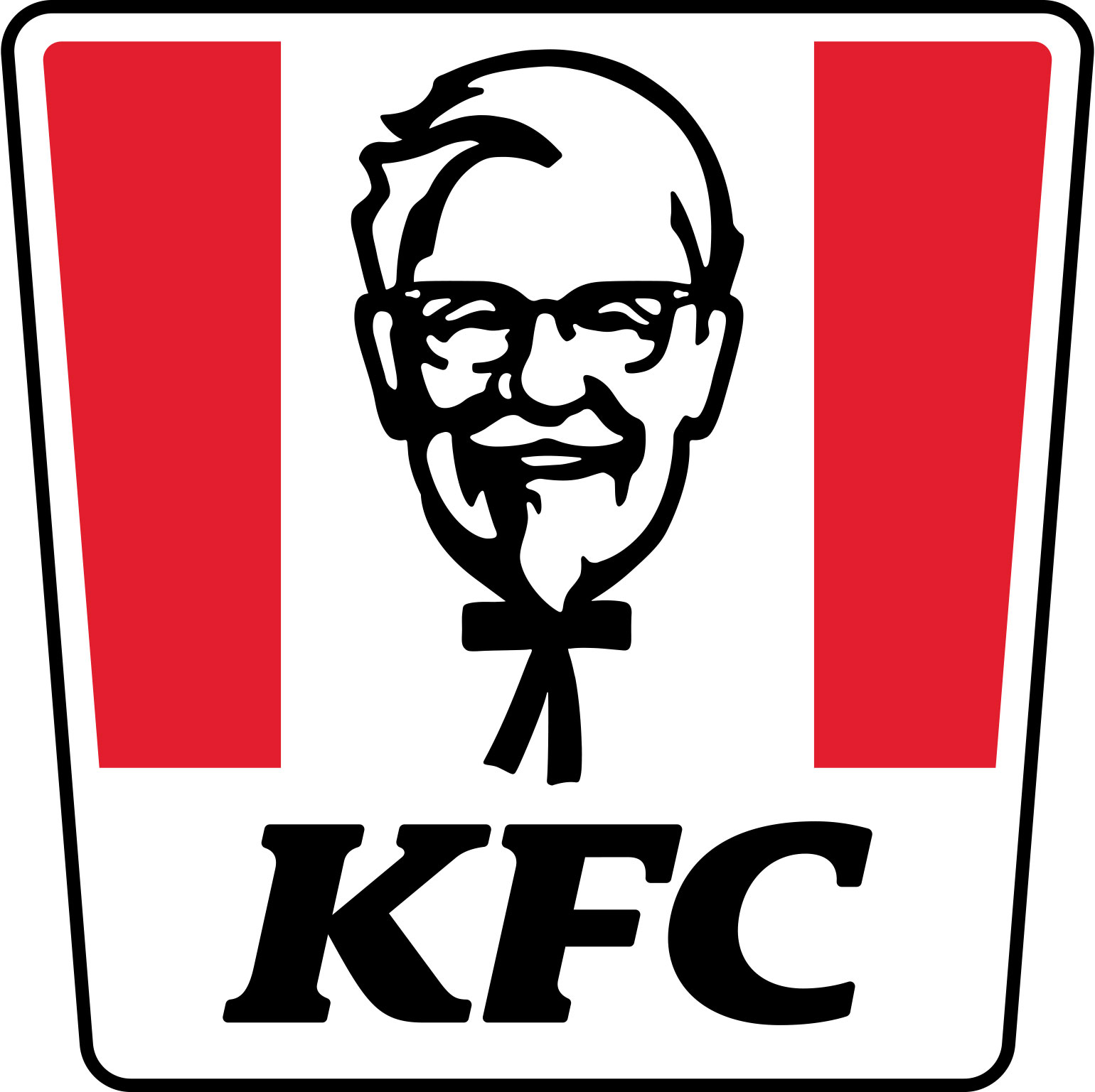 KFC-Logo mit Porträt von Colonel Sanders auf rot-weißem Eimer-Symbol