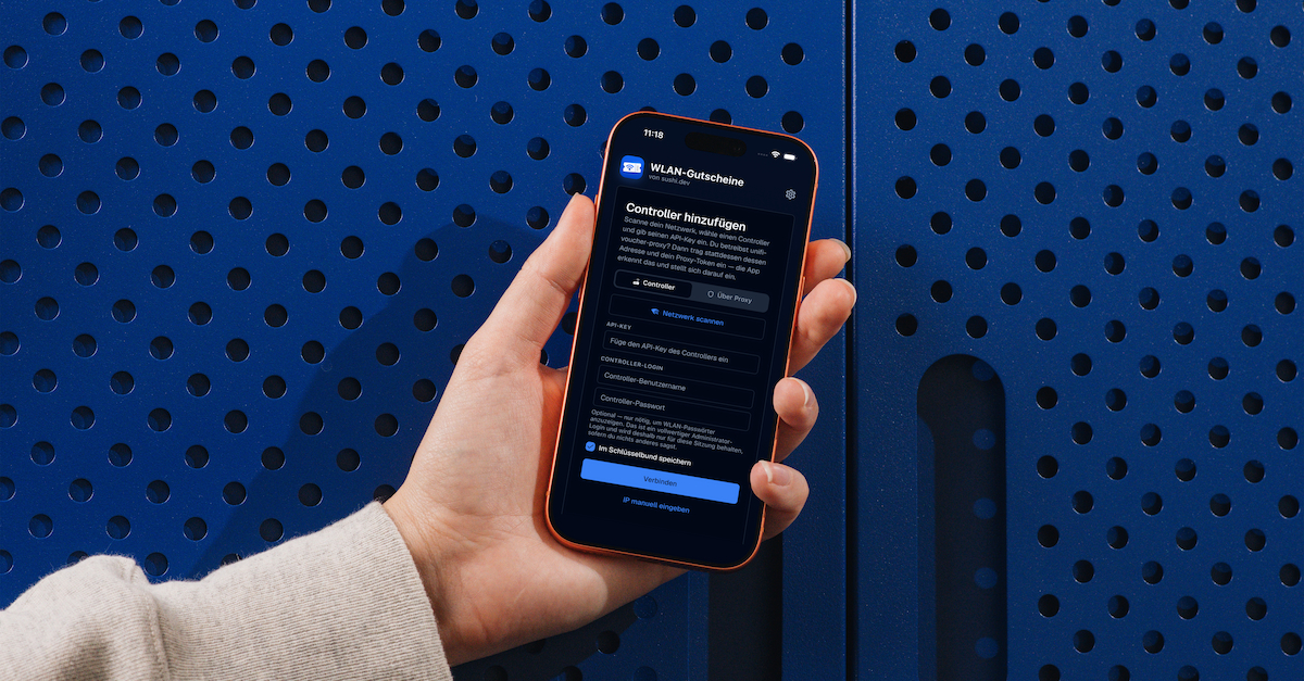 A hand holding a smartphone displaying a configuration interface for a WLAN voucher app against a perforated blue background.