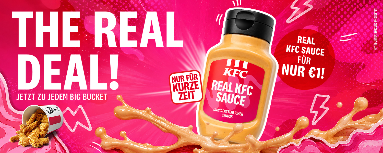 The Real Deal: Flasche Real KFC Sauce vor pinkem Hintergrund, für kurze Zeit um 1 Euro zu jedem Big Bucket