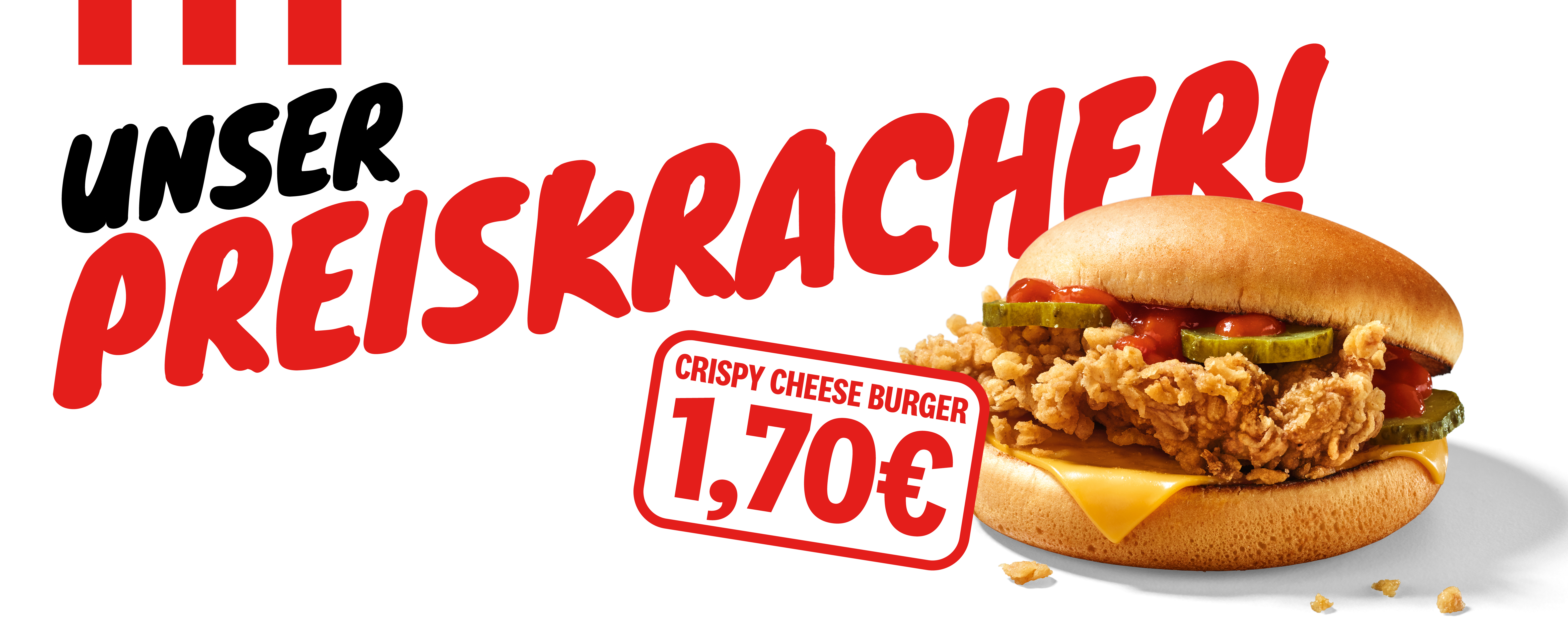 Unser Preiskracher: Crispy Cheese Burger mit Käse, Gurkerl und Ketchup um 1,70 Euro