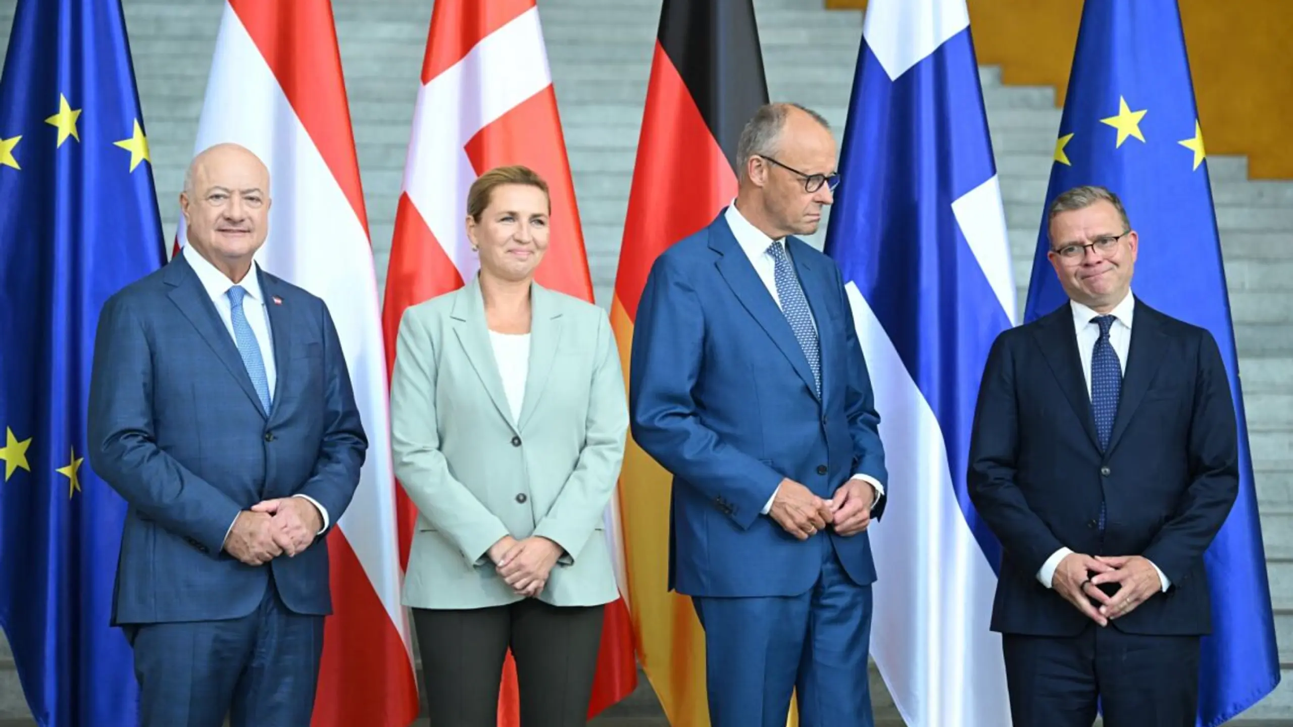 Stocker (l.) mit Frederiksen, Merz und Orpo in Berlin