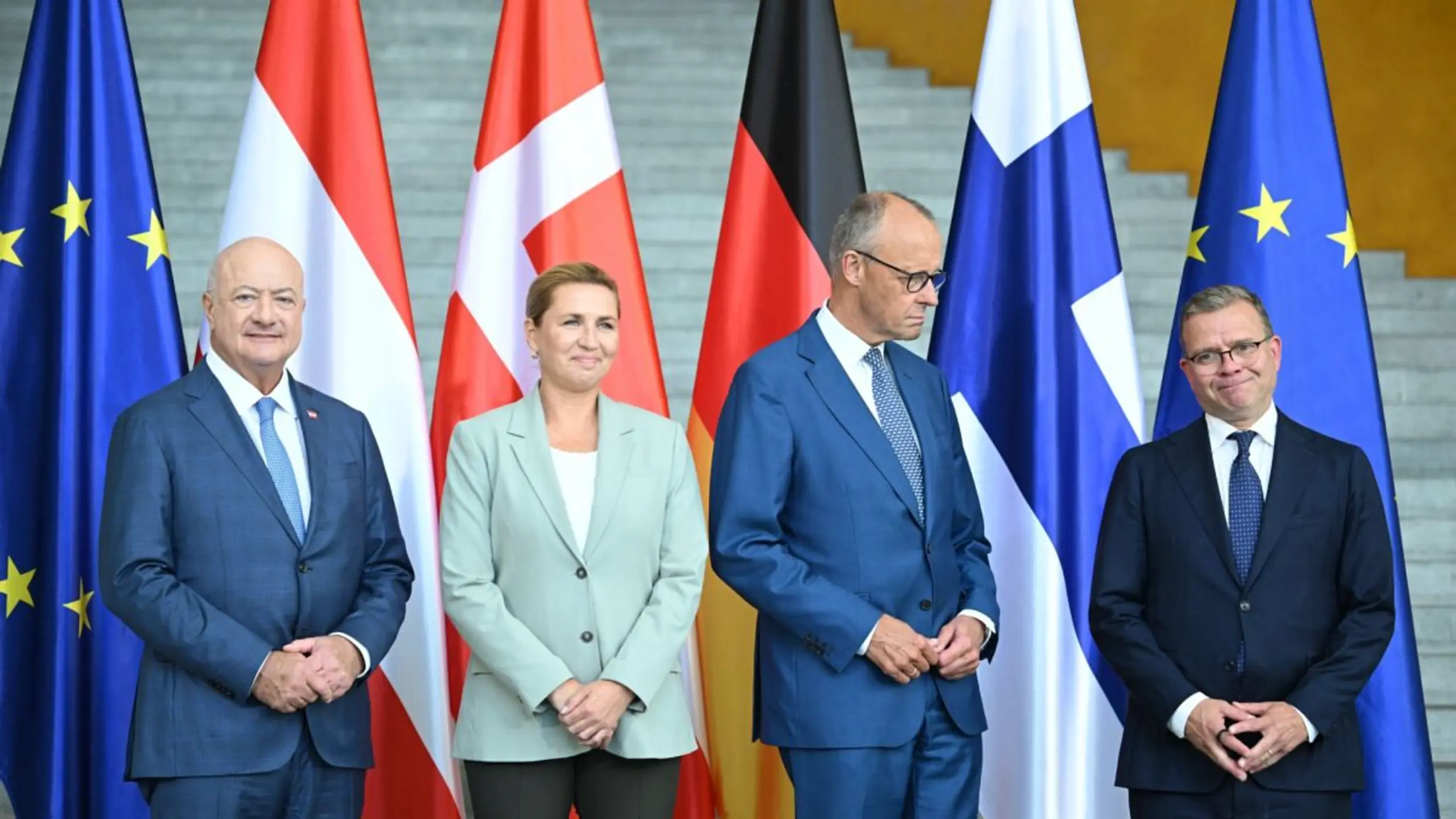 © DPA, Britta Pedersen, Apa Stocker (l.) mit Frederiksen, Merz und Orpo in Berlin