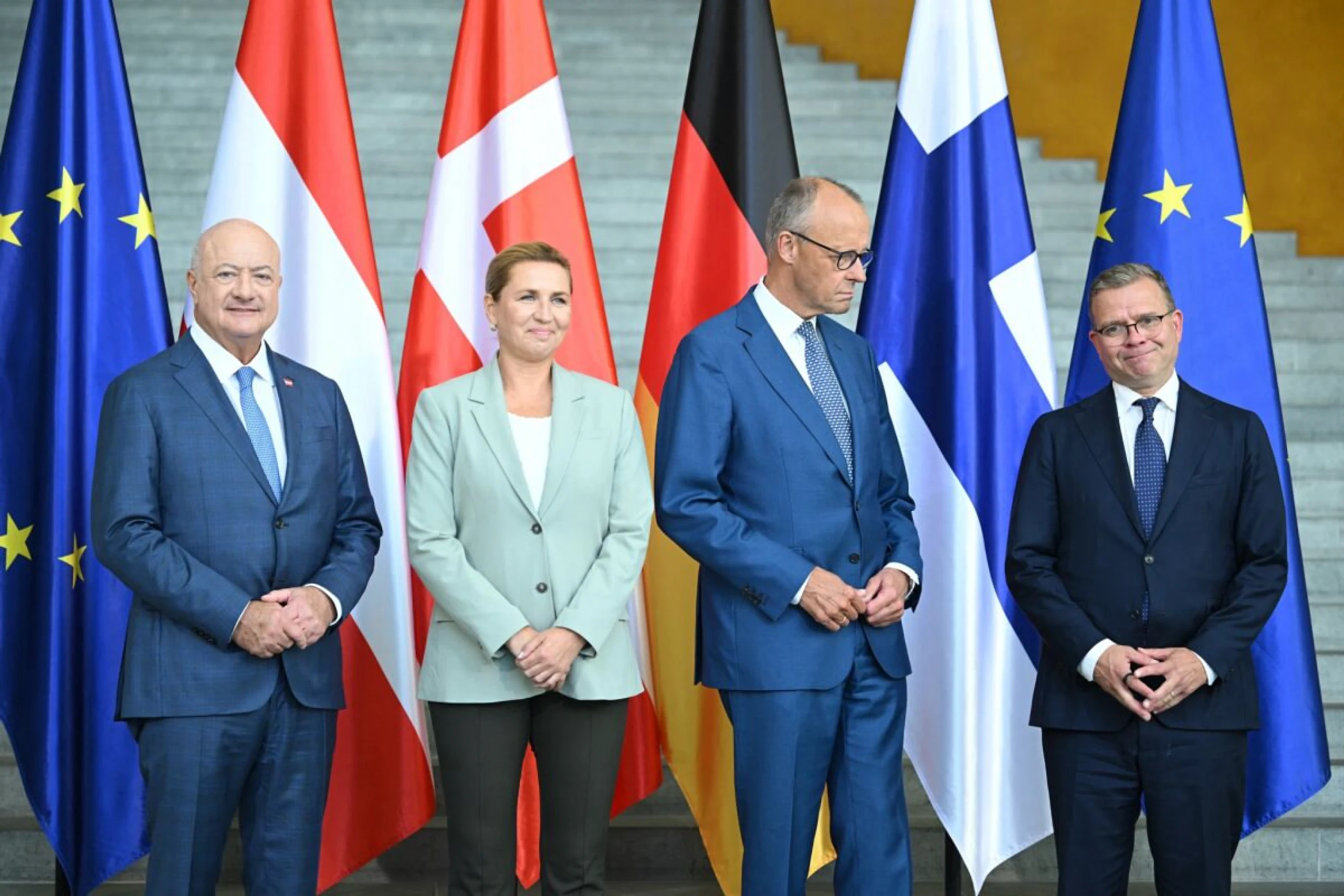 Stocker (l.) mit Frederiksen, Merz und Orpo in Berlin