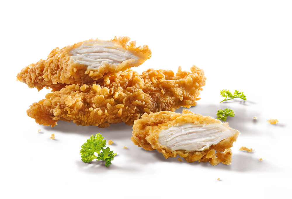 Čerstvo vyprážané KFC Crispy Strips, jeden rozlomený so šťavnatým kuracím mäsom