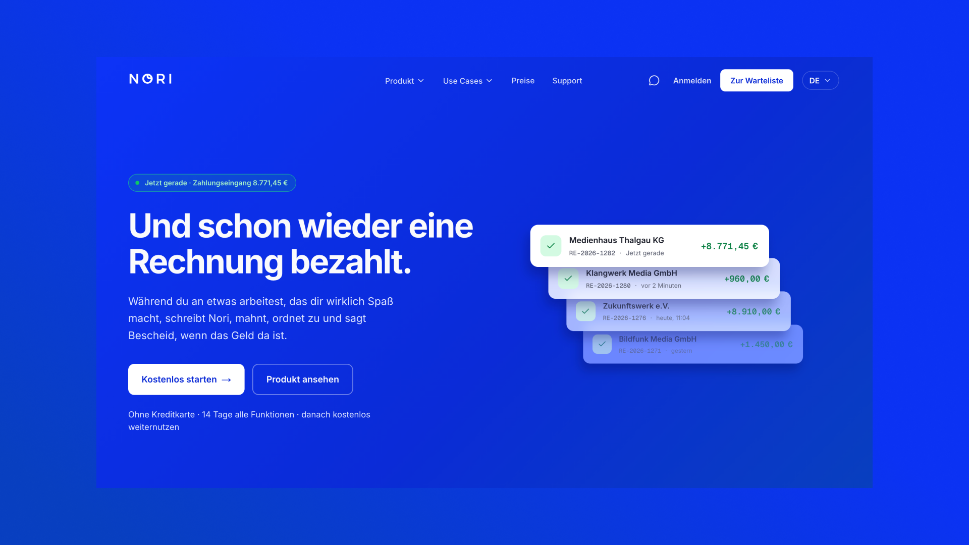 Nori software landing page featuring German text, a vibrant blue color scheme, and floating invoice notification cards.