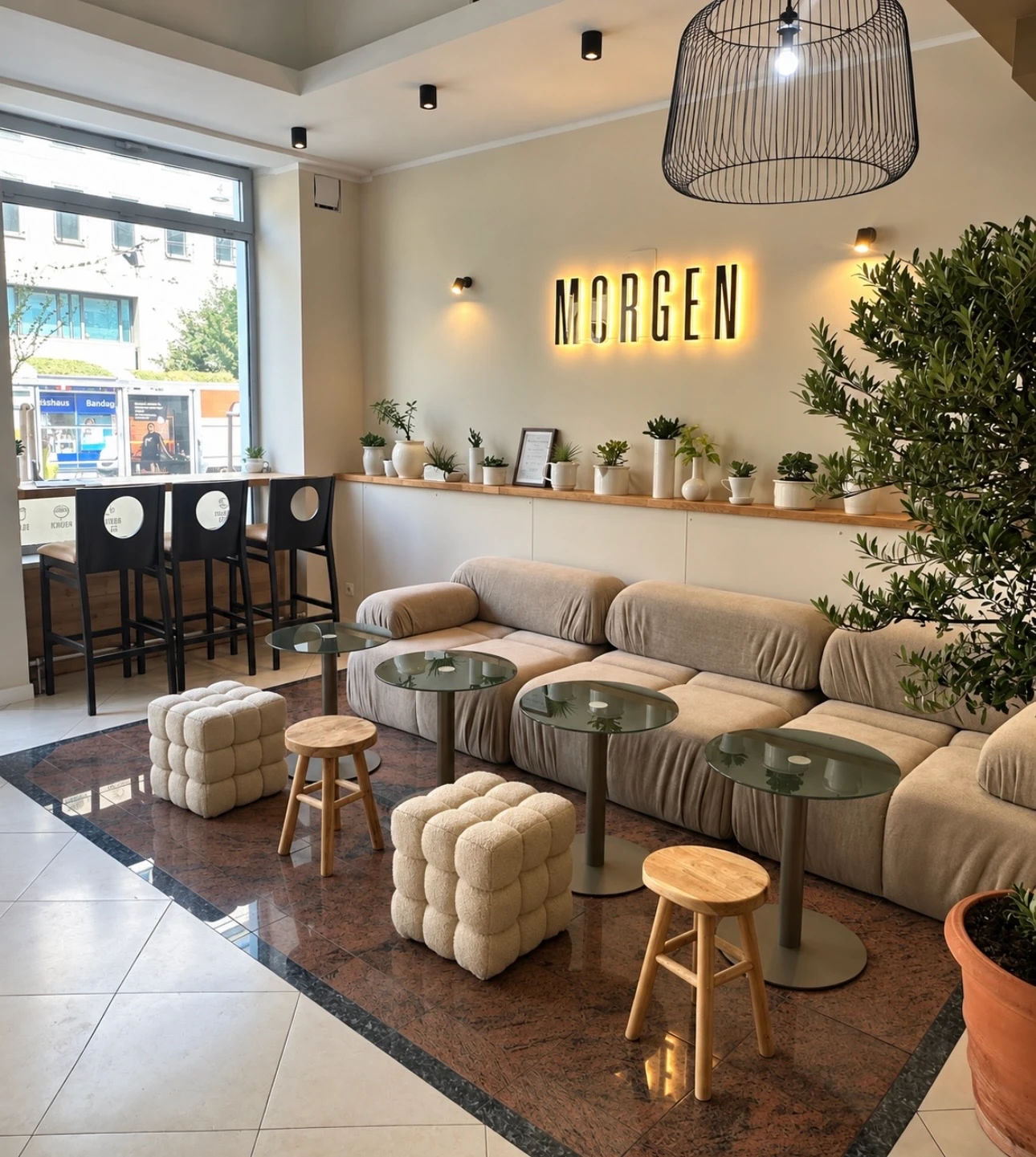 Gemütliches Café mit heller Lounge-Ecke, beigen Sofas, runden Tischen, kleinen Hockern und einem leuchtenden 'MORGEN'-Schriftzug an der Wand.