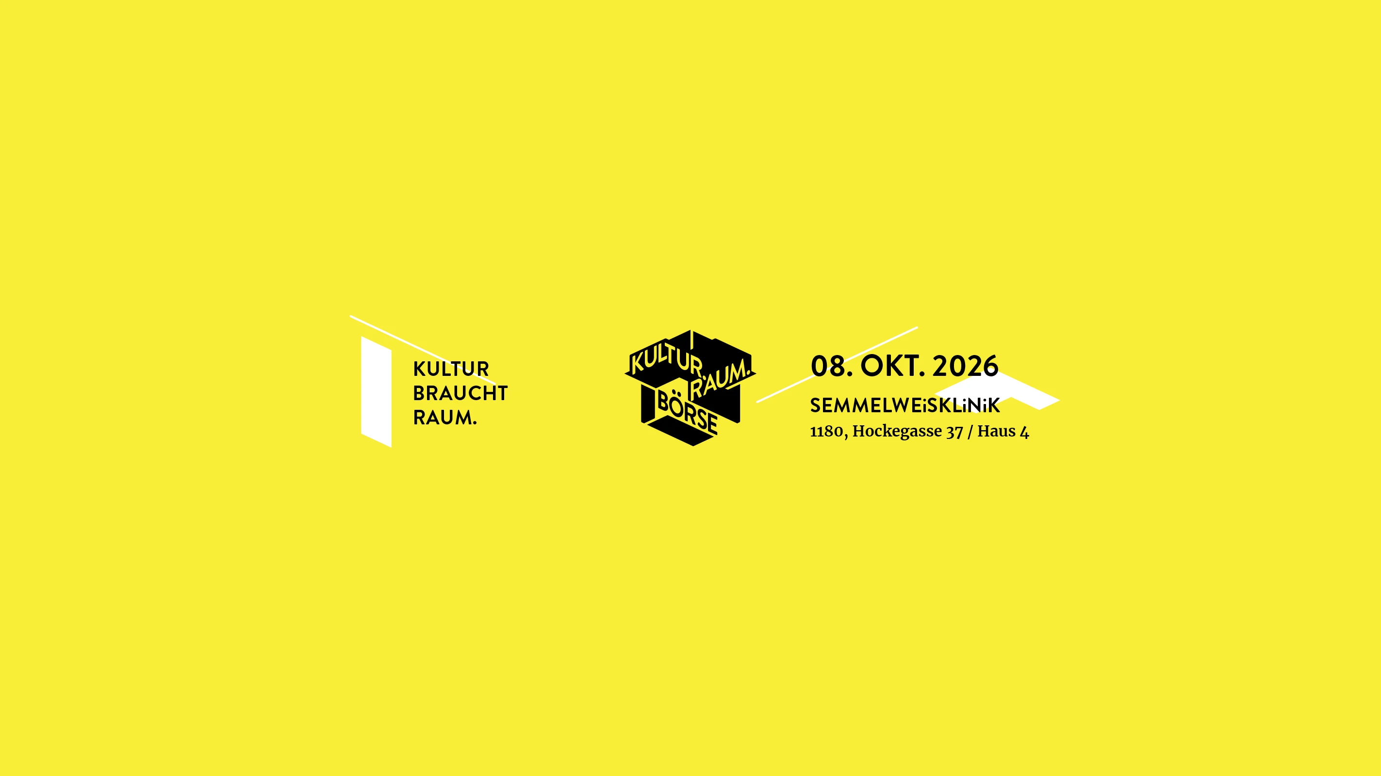 Ein gelbes Plakat für die Kulturbörse am 8. Oktober 2026 in der Semmelweis-Klinik in Wien.