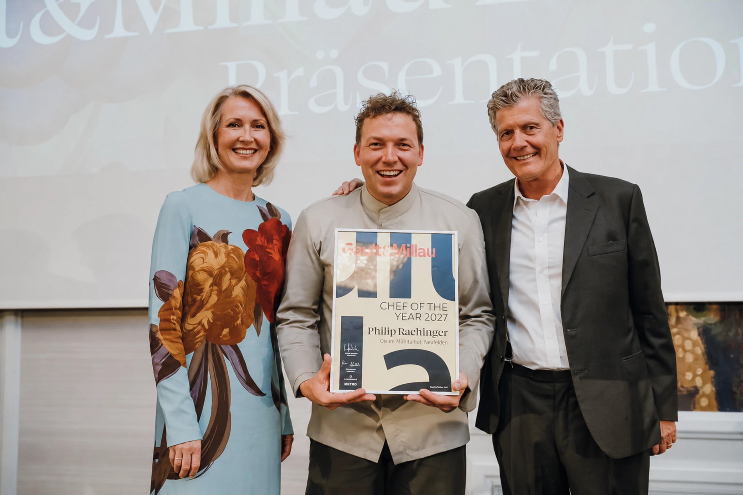 Martina Hohenlohe, Philip Rachinger und Karl Hohenlohe bei der Präsentation des Gault&Millau 2027