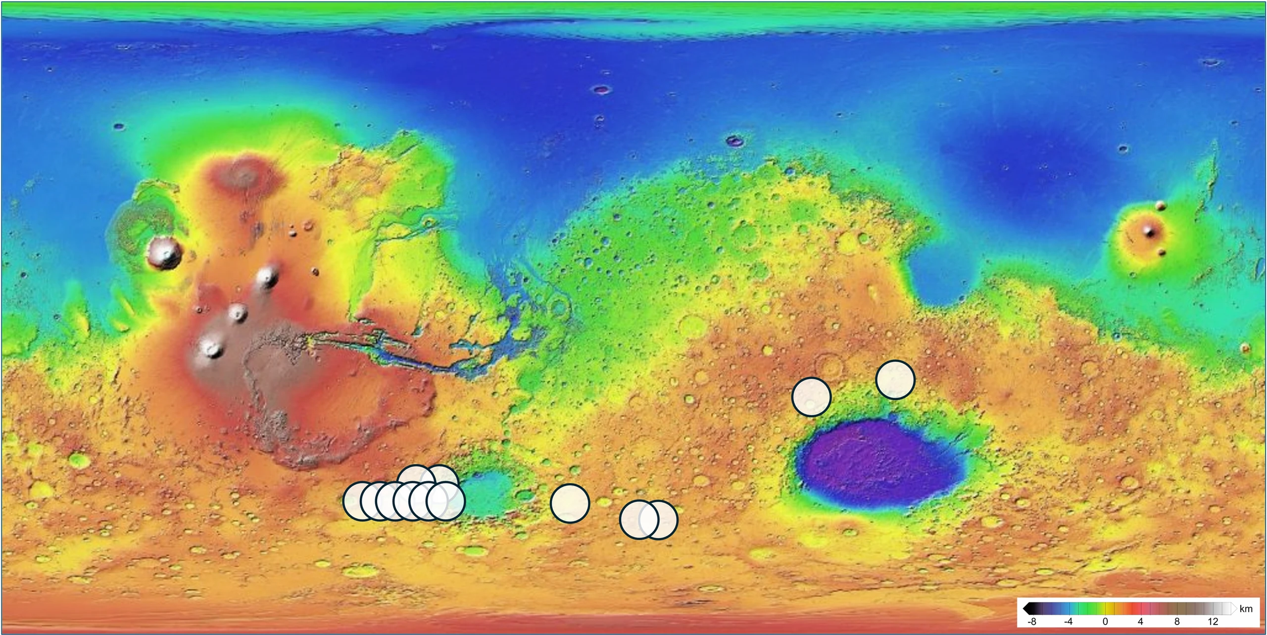 Topografische Karte des Mars mit 13 möglichen Herkunftsorten des Meteoriten Teghaza 001