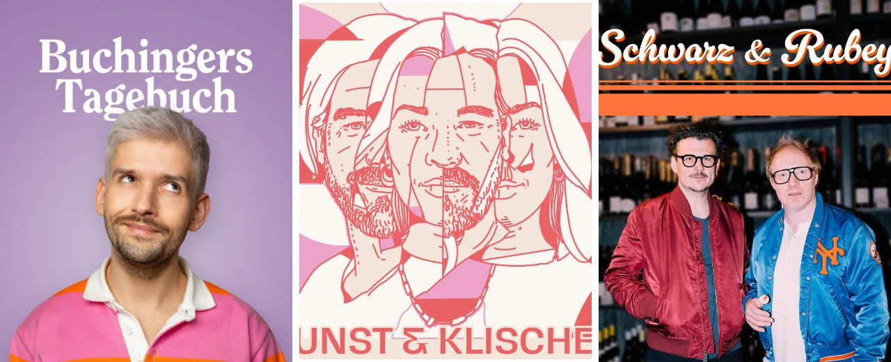 © Buchbinders Tagebuch | Kunst und Klischee | Schwarz & Rubel Podcast-Cover: Buchinger's Tagebuch, Unst & Klische, Schwarz & Rubey. Illustrierte Porträts der Hosts.