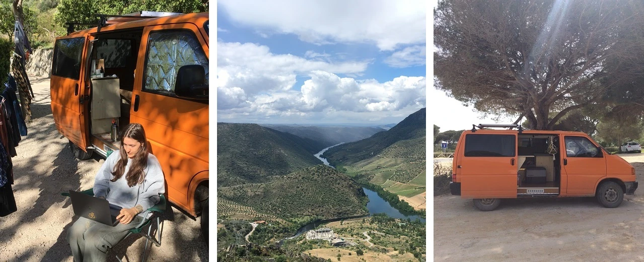 Oranger Campervan: Frau arbeitet im Van, Landschaft mit Fluss, Van unter Baum.