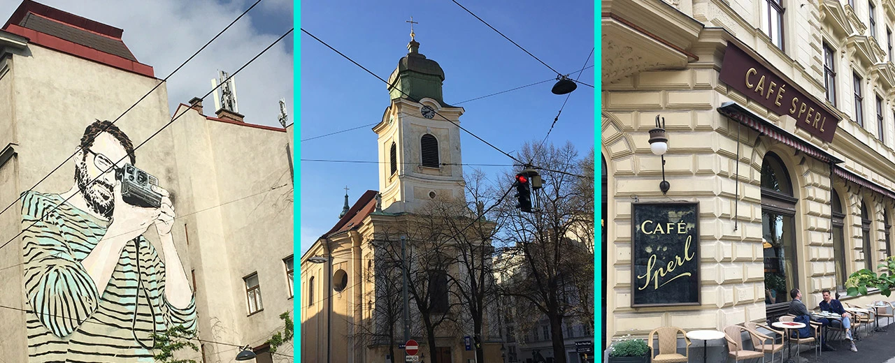 © Steven Meyer Triptychon mit Street Art, Kirche und Café Sperl in einer europäischen Stadt.