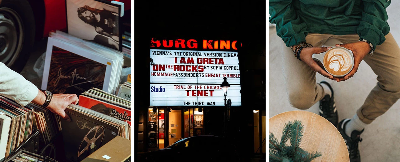© unsplash Collage mit Bildern: Schallplatten, Kino-Programm (I am Greta, On the Rocks, Tenet), Latte Macchiato. Erstellt mit Adobe Photoshop.