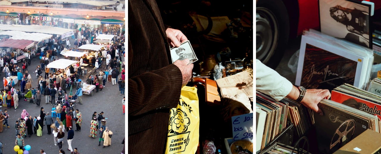 Flohmarkt Frühling 2024: Viele Stände, Besucher, alte Fotos und Schallplatten.