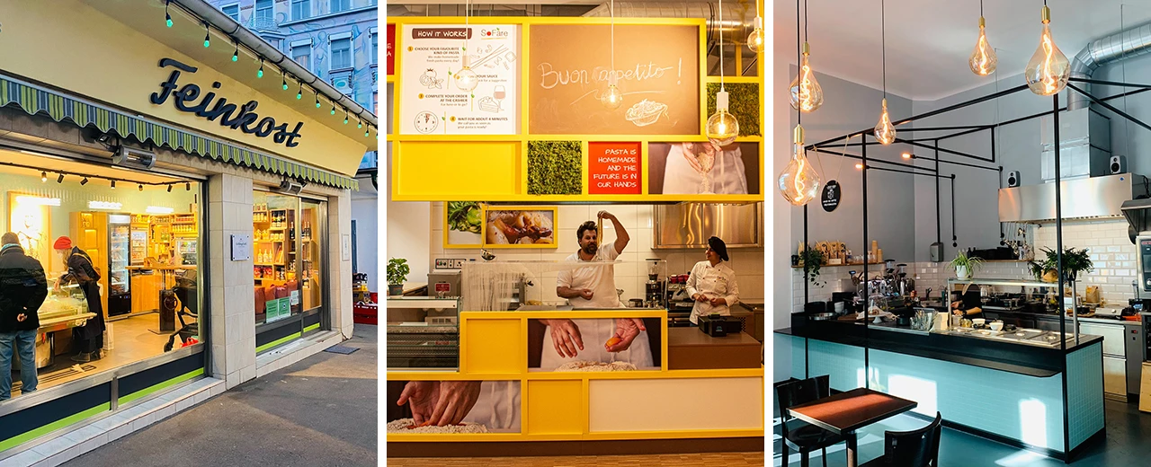Drei Bilder zeigen ein Feinkostgeschäft und zwei Restaurants mit modernem Design und italienischem Flair.  Erstellung mit Adobe Photoshop.