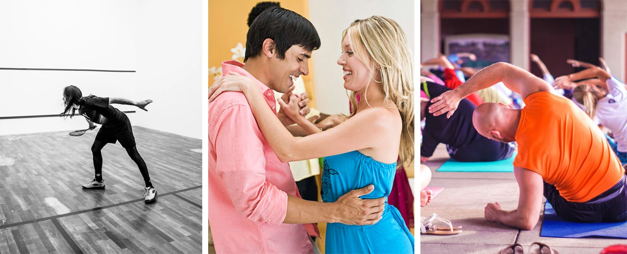 © Unsplash Drei Bilder zeigen verschiedene Aktivitäten: Squash, Tanzen und Yoga.  Aktivitäten für Freizeit und soziale Interaktion.