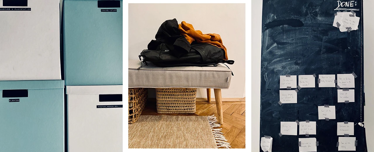 Aufbewahrungsboxen, Rucksack, Kleidung, Pinnwand mit To-Do-Liste. Organisation & Planung.
