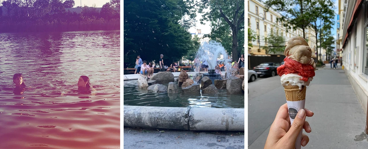 © Goodnight.at Drei Bilder: Schwimmen im See, Stadtpark mit Brunnen, Eis am Stiel genießen.