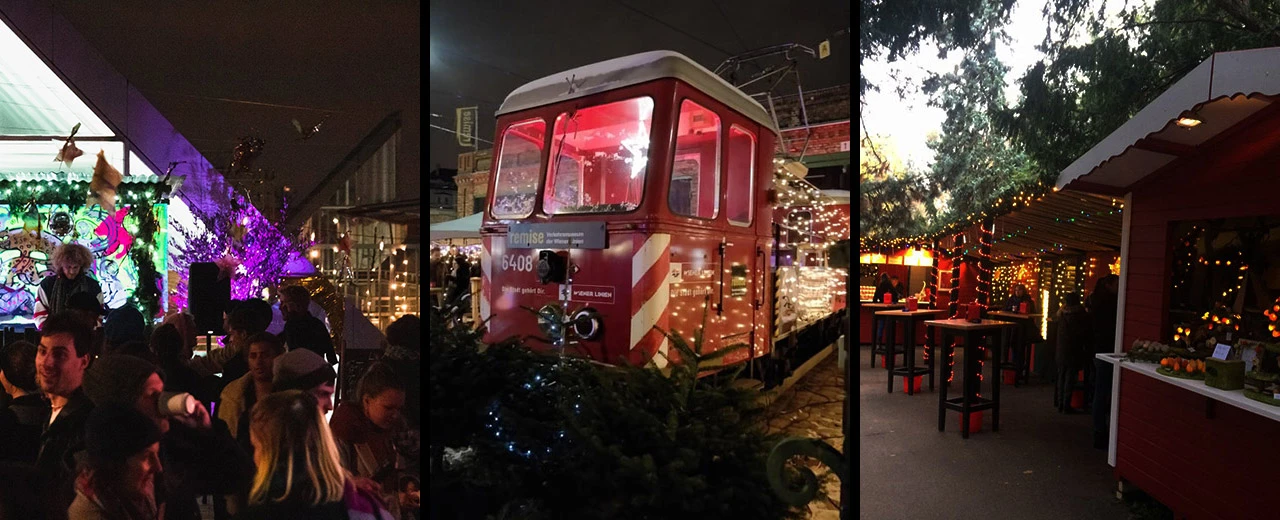 Weihnachtsmarkt mit beleuchteten Ständen, nostalgischer Straßenbahn und feiernden Menschen.  Erstellt mit Adobe Photoshop.