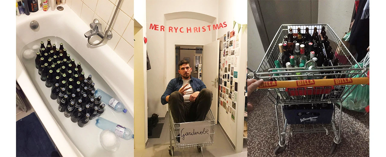 Bildcollage: Bierflaschen in der Badewanne, Mann im Einkaufswagen, Einkaufswagen voller Getränke.  Weihnachtliche Deko im Hintergrund.