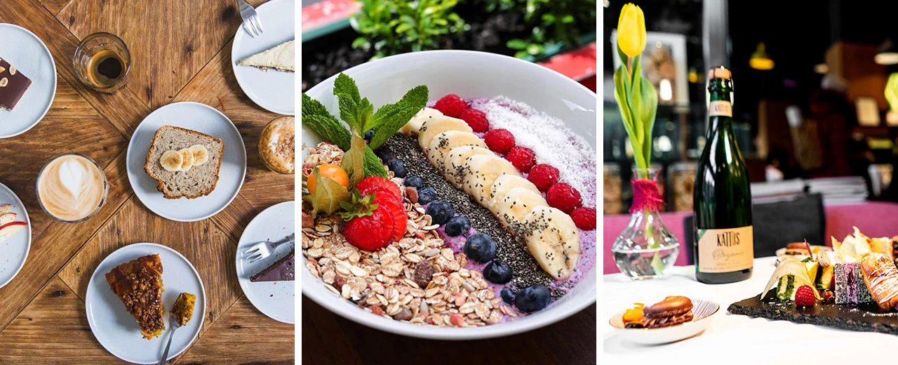 Kuchen, Kaffee, Acai Bowl, Früchte, Müsli, Desserts, Sekt