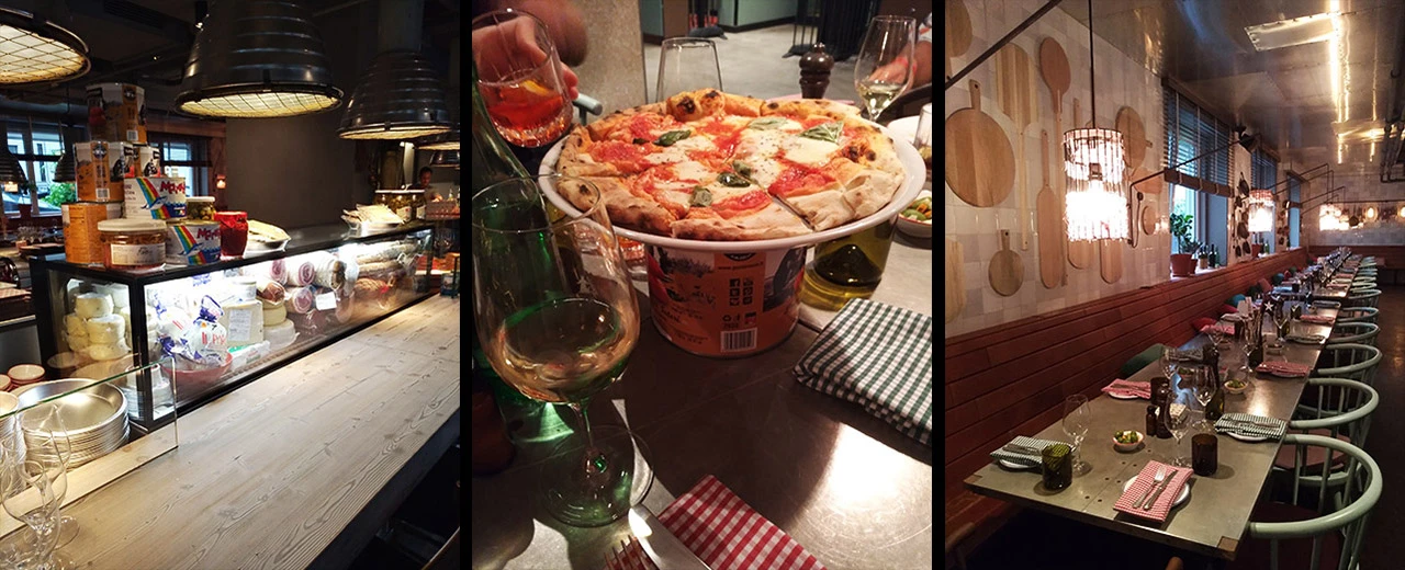 © Ribelli Triptychon eines italienischen Restaurants: Theke mit Käse, Pizza Margherita mit Wein, langer Esstisch mit gedeckten Plätzen.