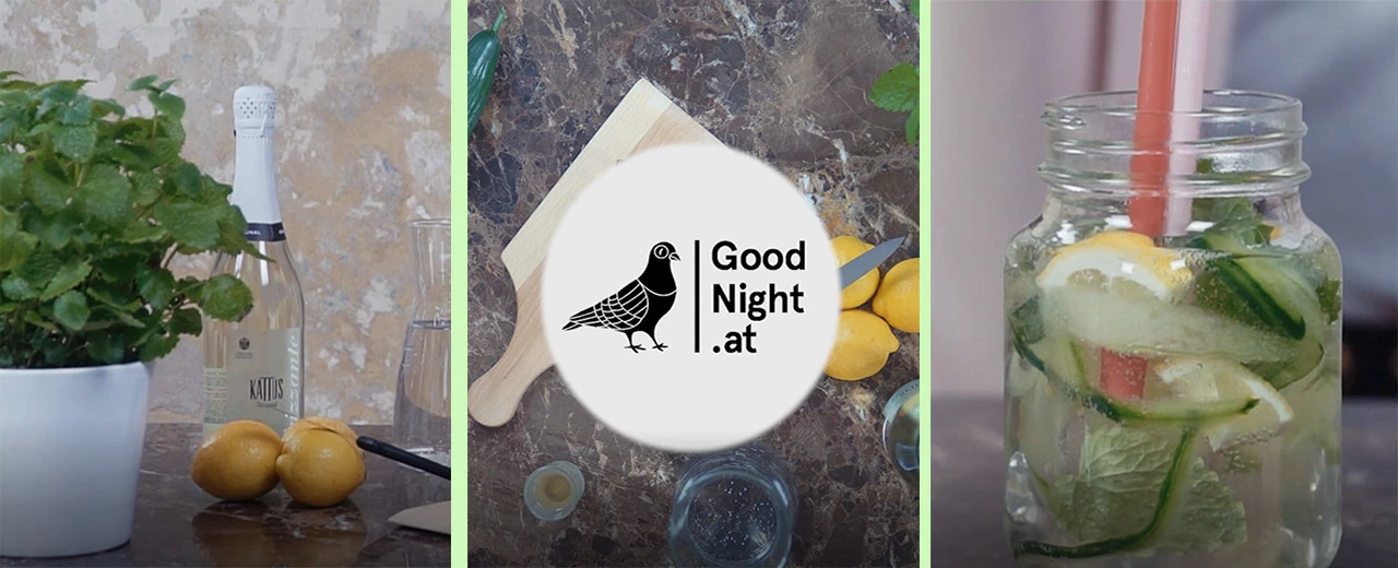 Zubereitung eines erfrischenden Getränks mit Minze, Zitronen, Gurken und Sekt. Rezept von Good Night .at