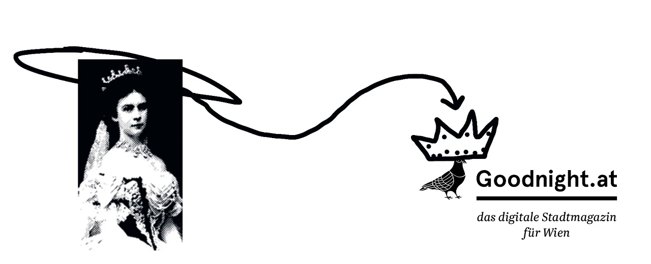 Goodnight.at Logo: Schwarz-weiß Illustration mit Frauenporträt, Krone & Taube. Digitales Wien Magazin.