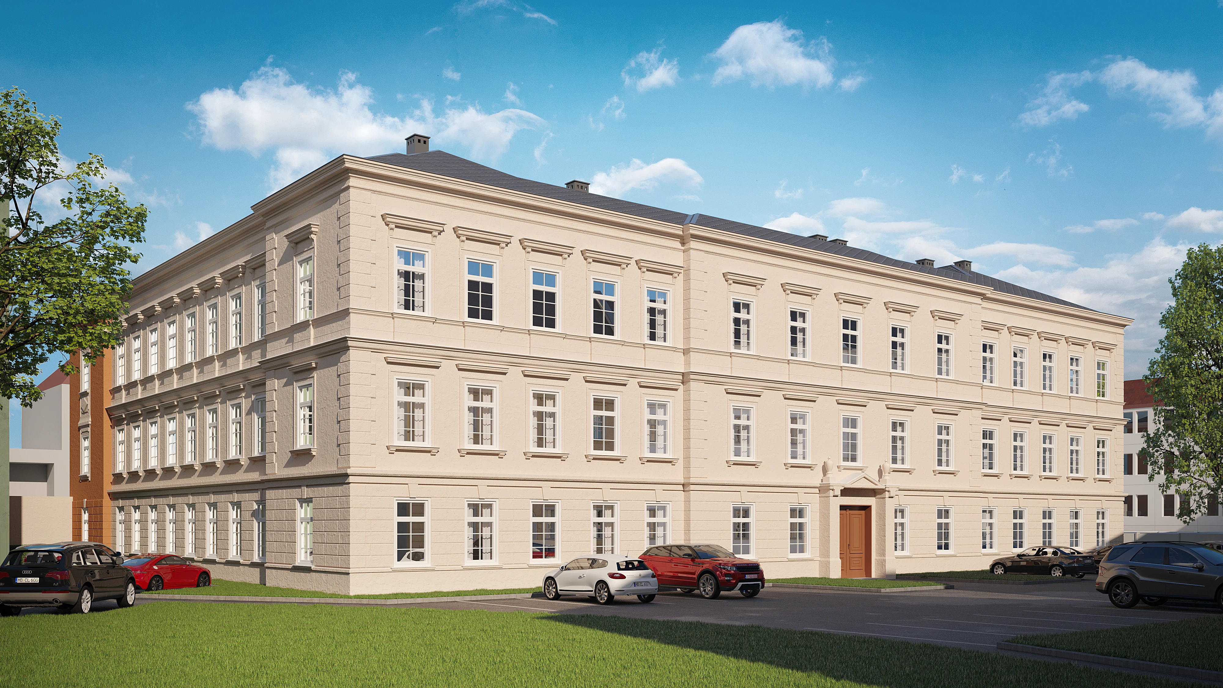 Altbau Komplex neutrale Farbe mit Parkplatz