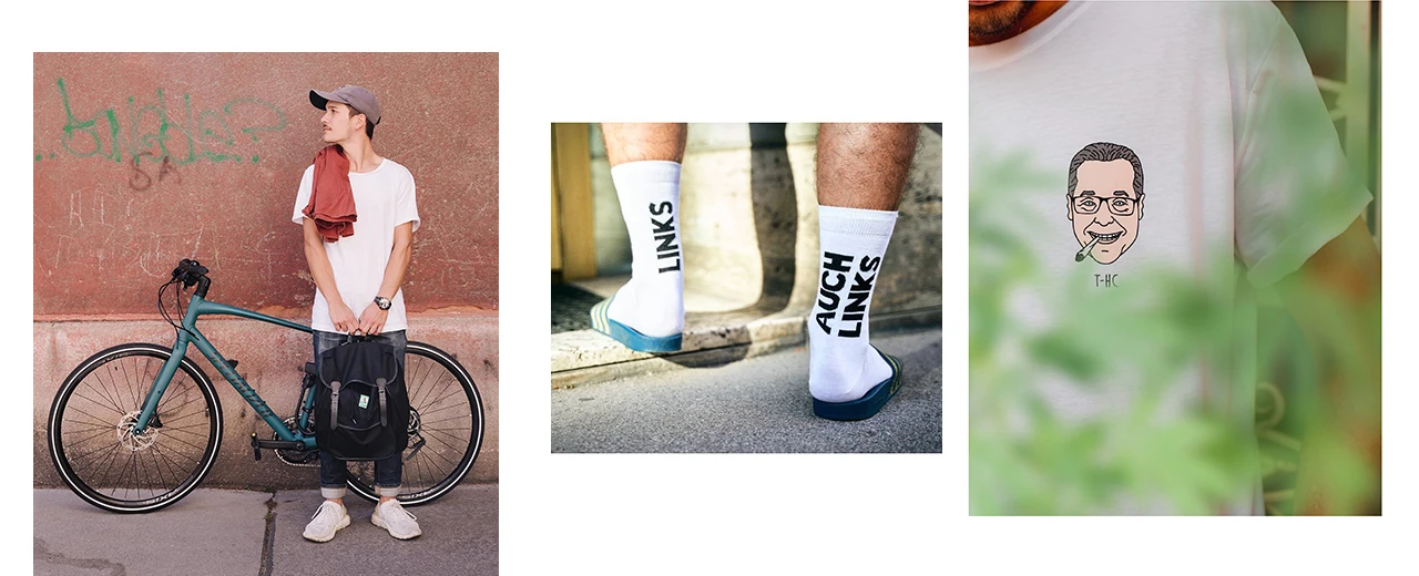 Lifestyle-Bild: Mann mit Fahrrad, Socken mit Aufdruck 'LINKS' und 'AUCH LINKS', T-Shirt mit Cartoon.  Erstell mit Adobe Photoshop.